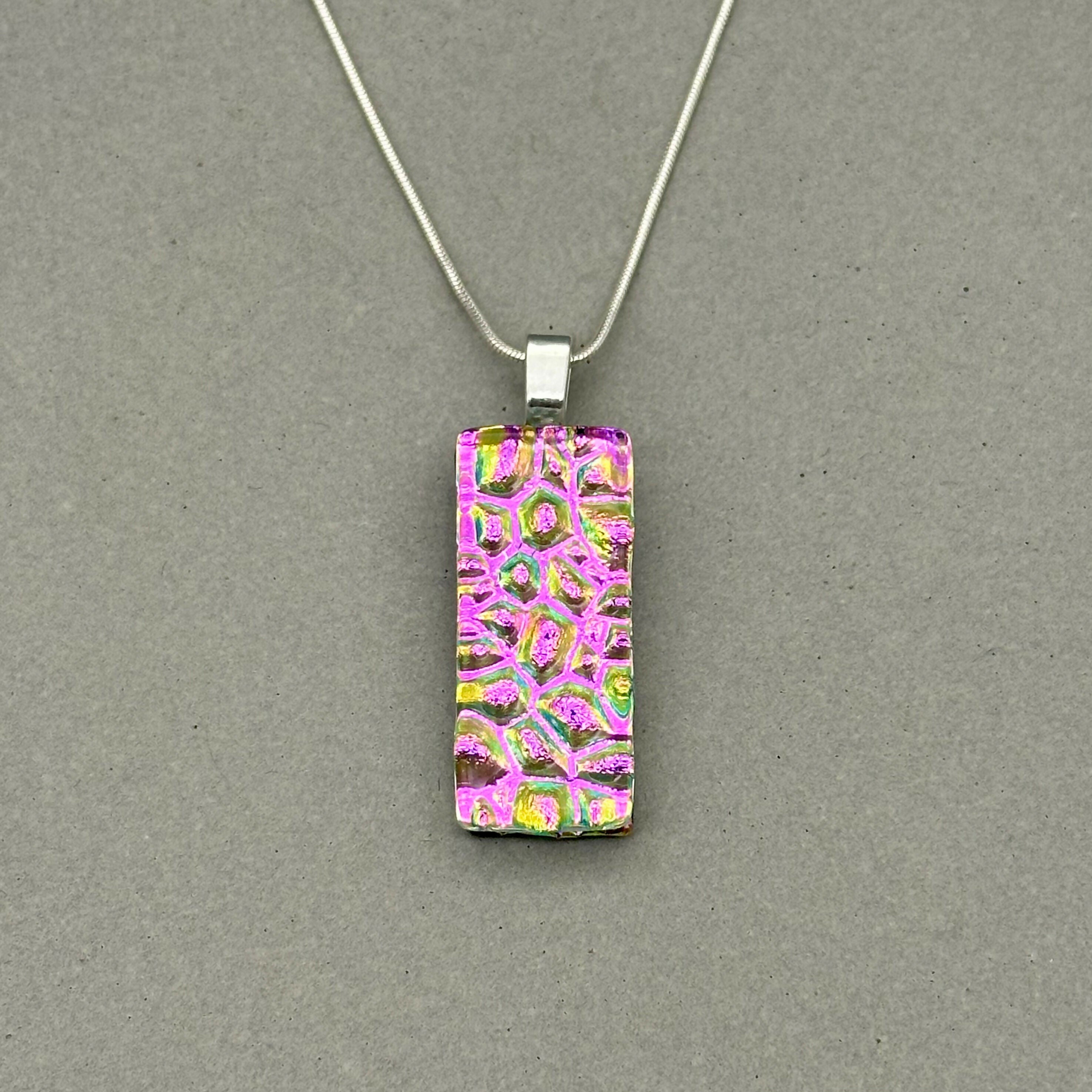 Pink Raindrop Dichroic Fused Glass Pendant with Silver Plated Chain - Handmade by Jade Tapson Glass.
