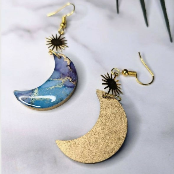 Celestial Star Moon Dangle Earrings, Alcohol Ink Art