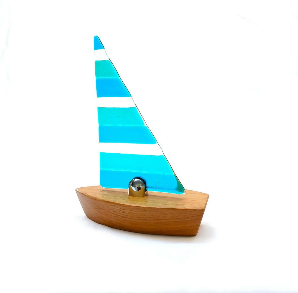 Emerald Green/Peacock Blue Fused Glass Sailing Boat On Solid Oak Base (Medium)