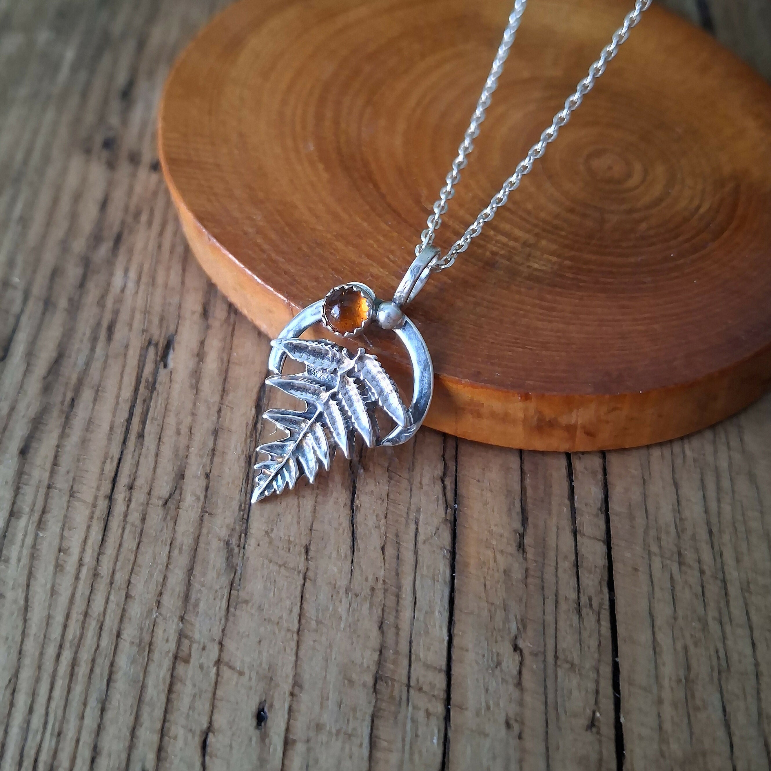 Handmade Silver Fern Leaf Necklace Amber