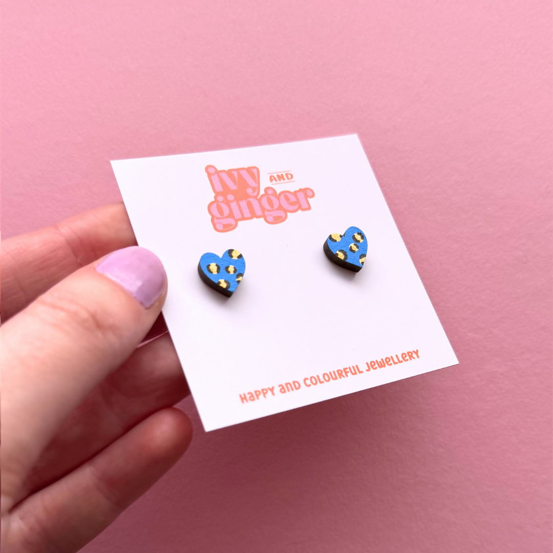 Hand Painted Mini Leopard Print Blue And Gold Heart Stud Earrings