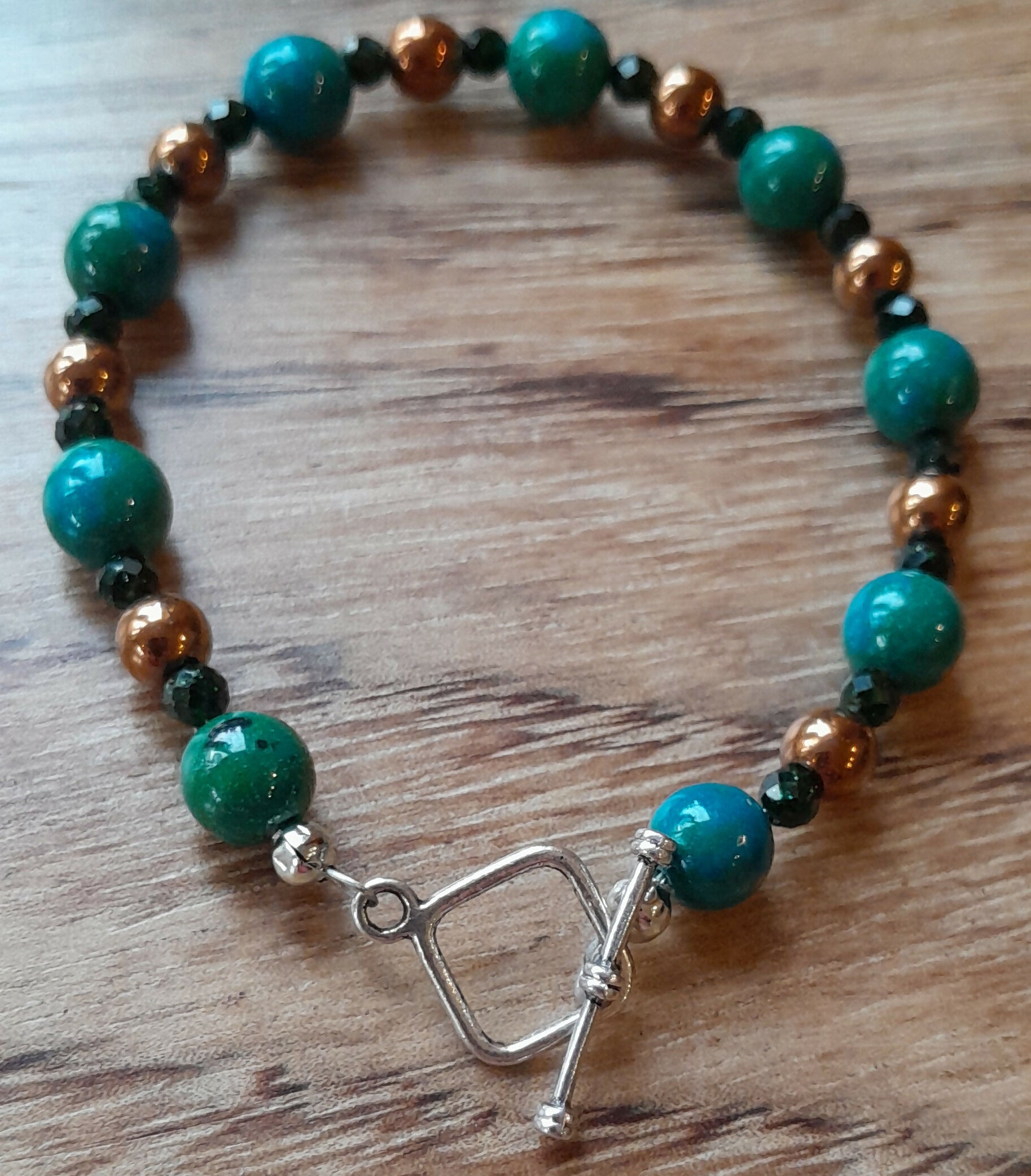 Gemstone Bracelet with Tibetan Silver Toggle Catch, Chrysocolla, Faceted Navy Goldstone and Copper Hematite.