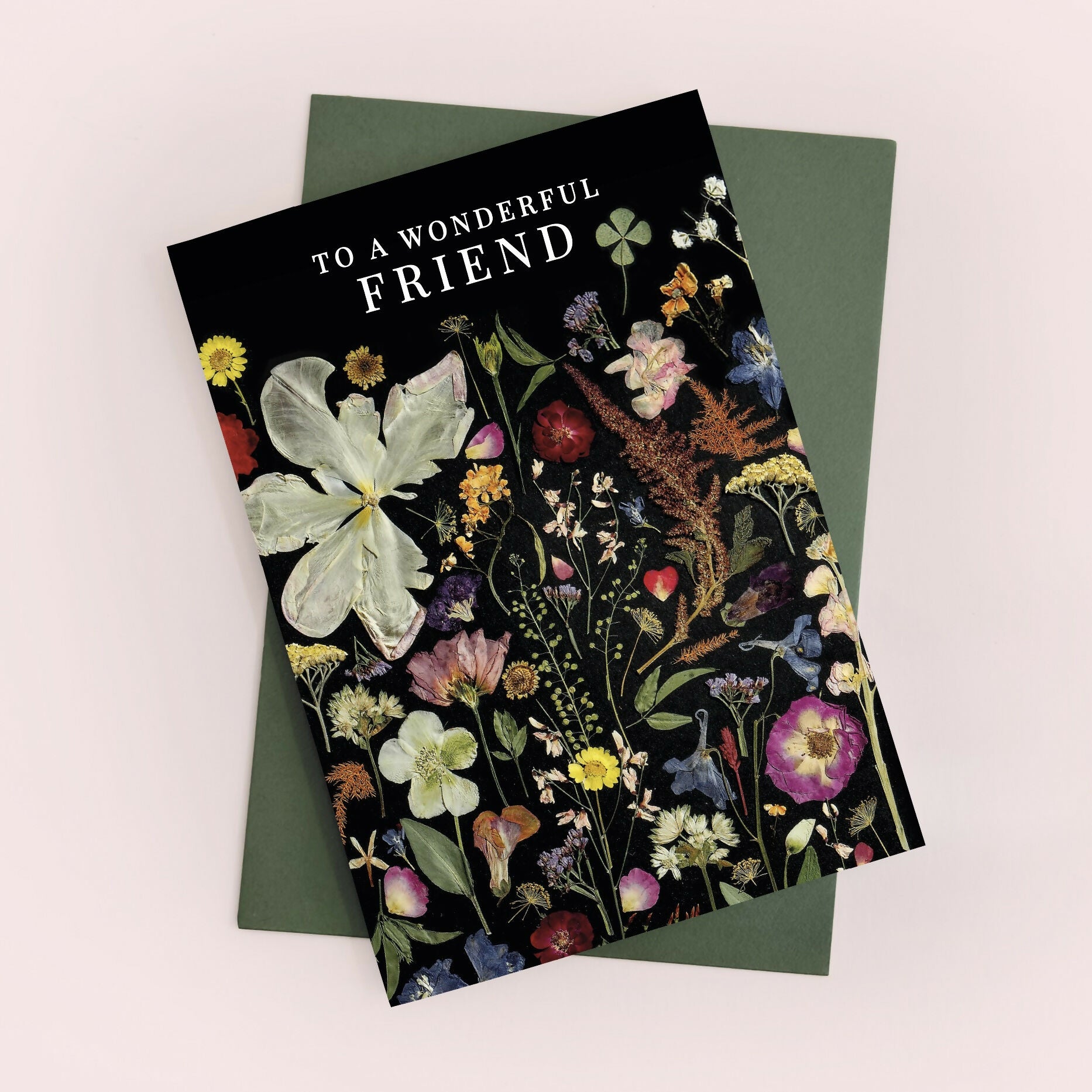Wonderful Friend Black Pressed Flower Print Card