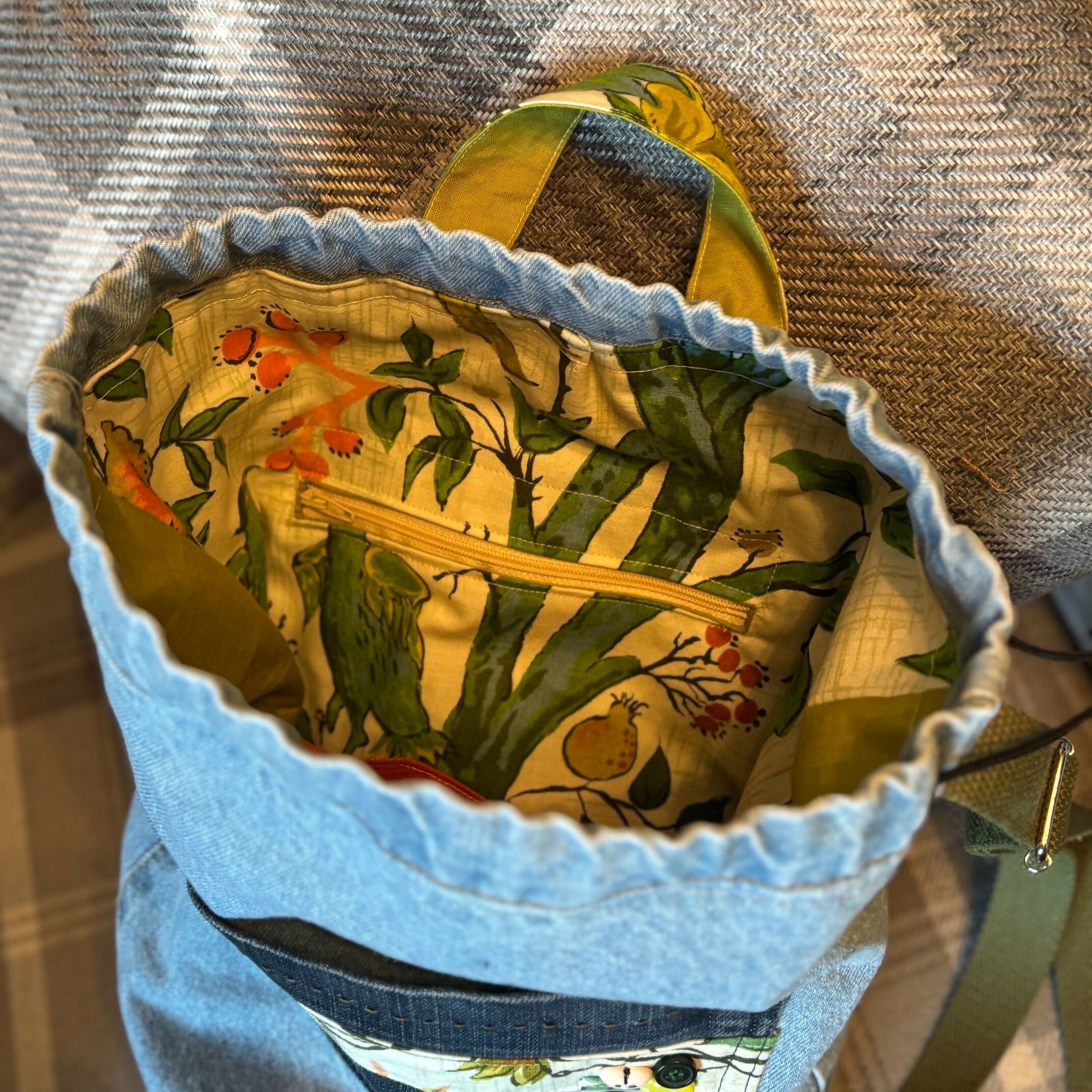 Unique Handcrafted Denim Drawstring Barrel Bag Made From Upcycled Jeans
