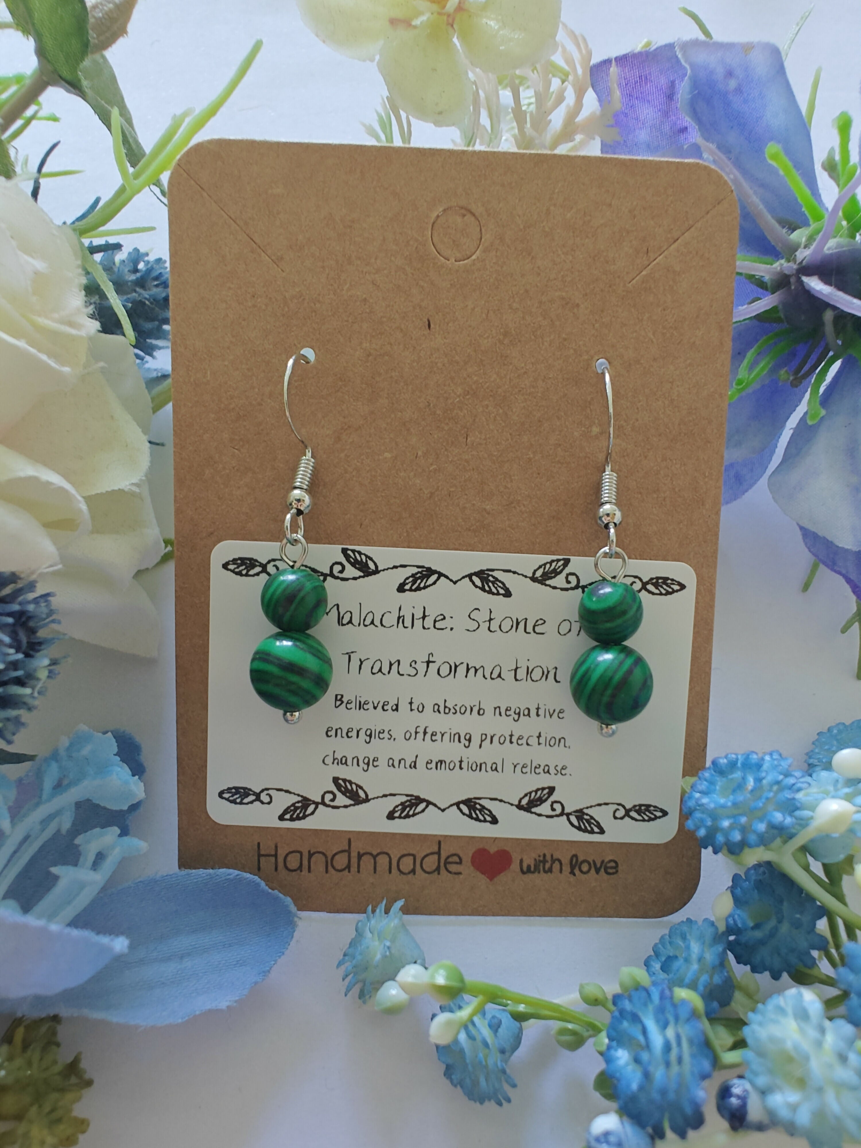 Malachite Earrings on Sterling Silver Plated Hooks