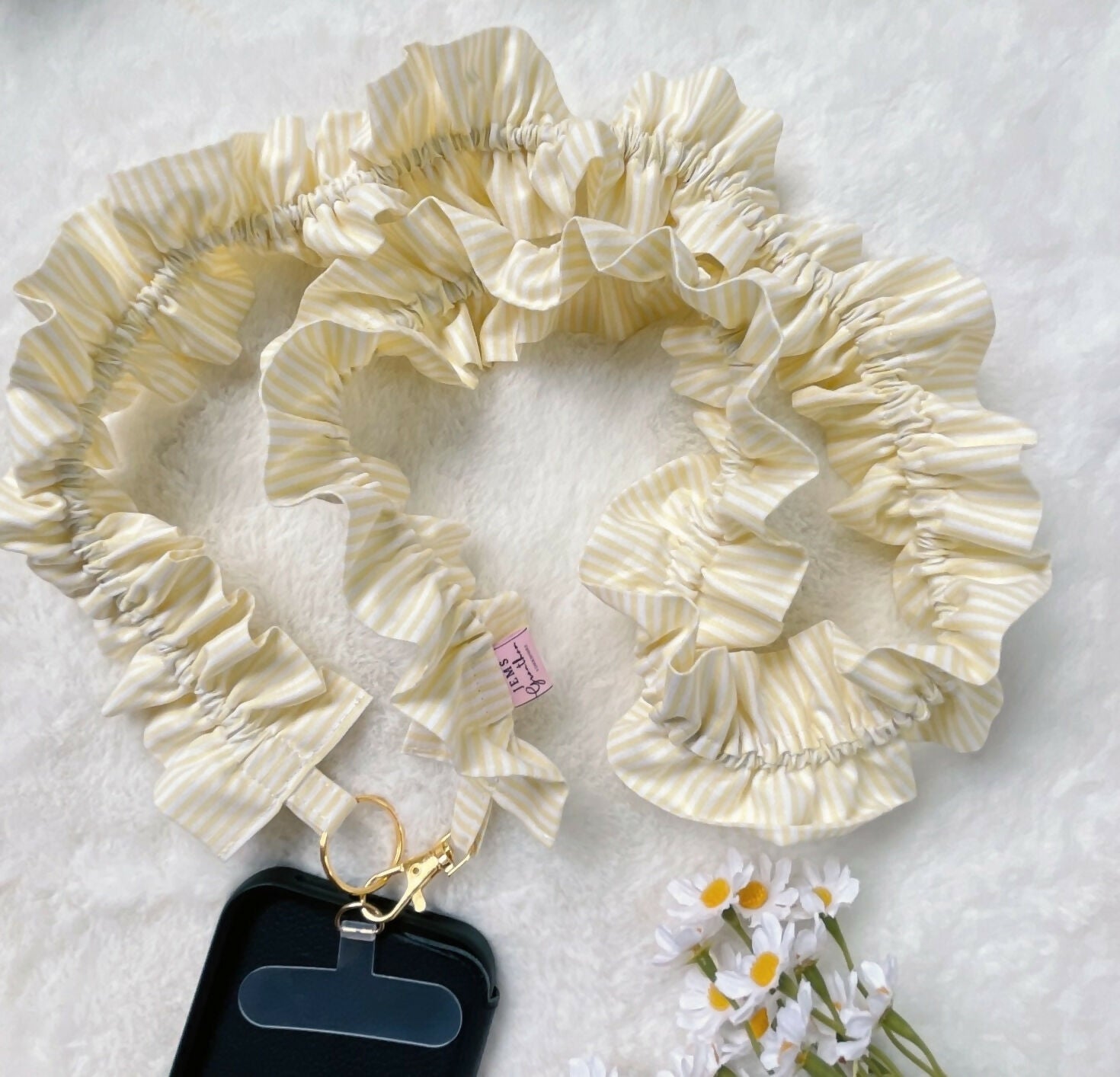 Handmade Ruffled Crossbody Phone Strap Yellow Stripe