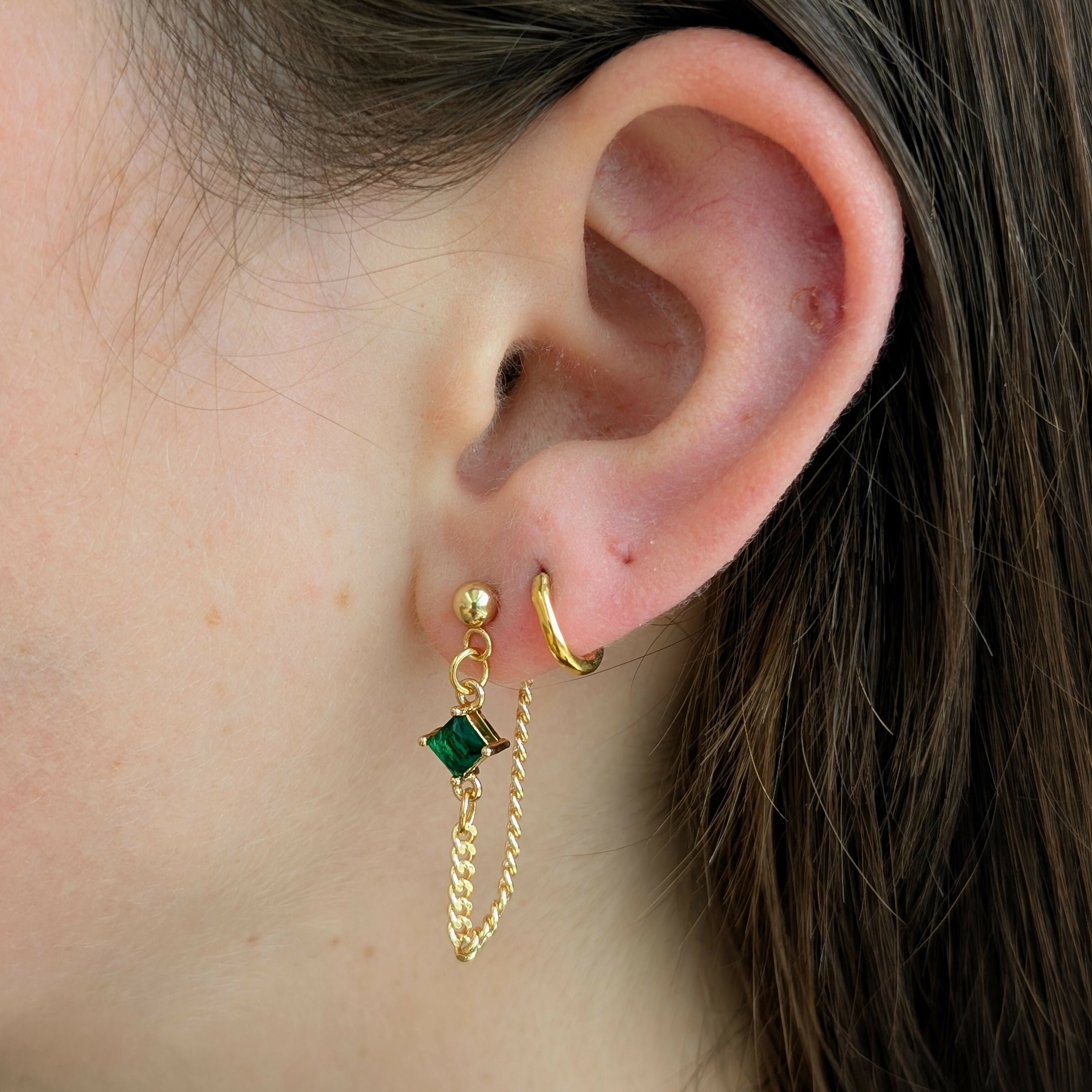 Emerald Green Zirconia Chain Earrrings on Gold Plated Ball Stud