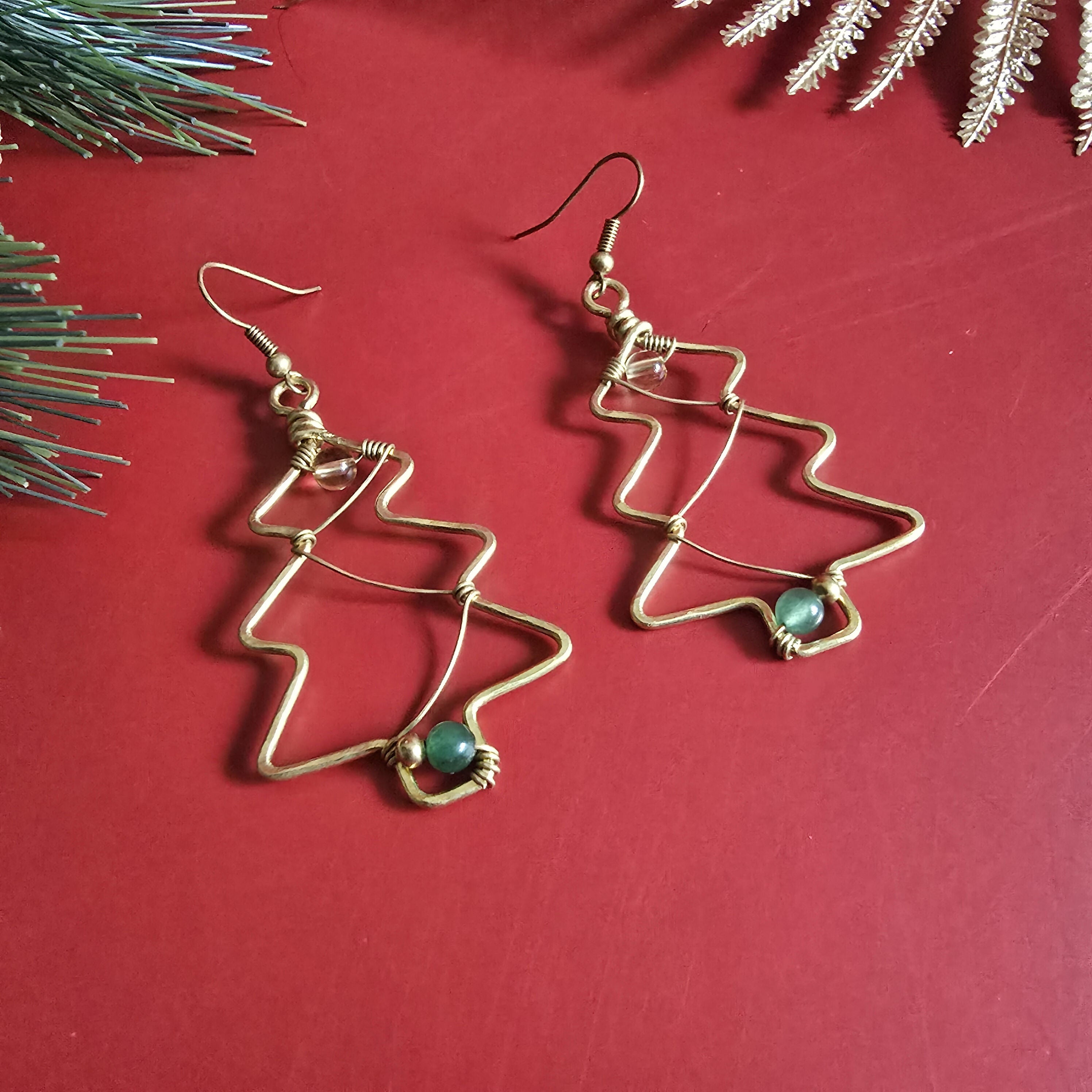 Christmas Tree Brass Wire Earrings; Jade Citrine Crystal Gold Handmade Festive Earrings