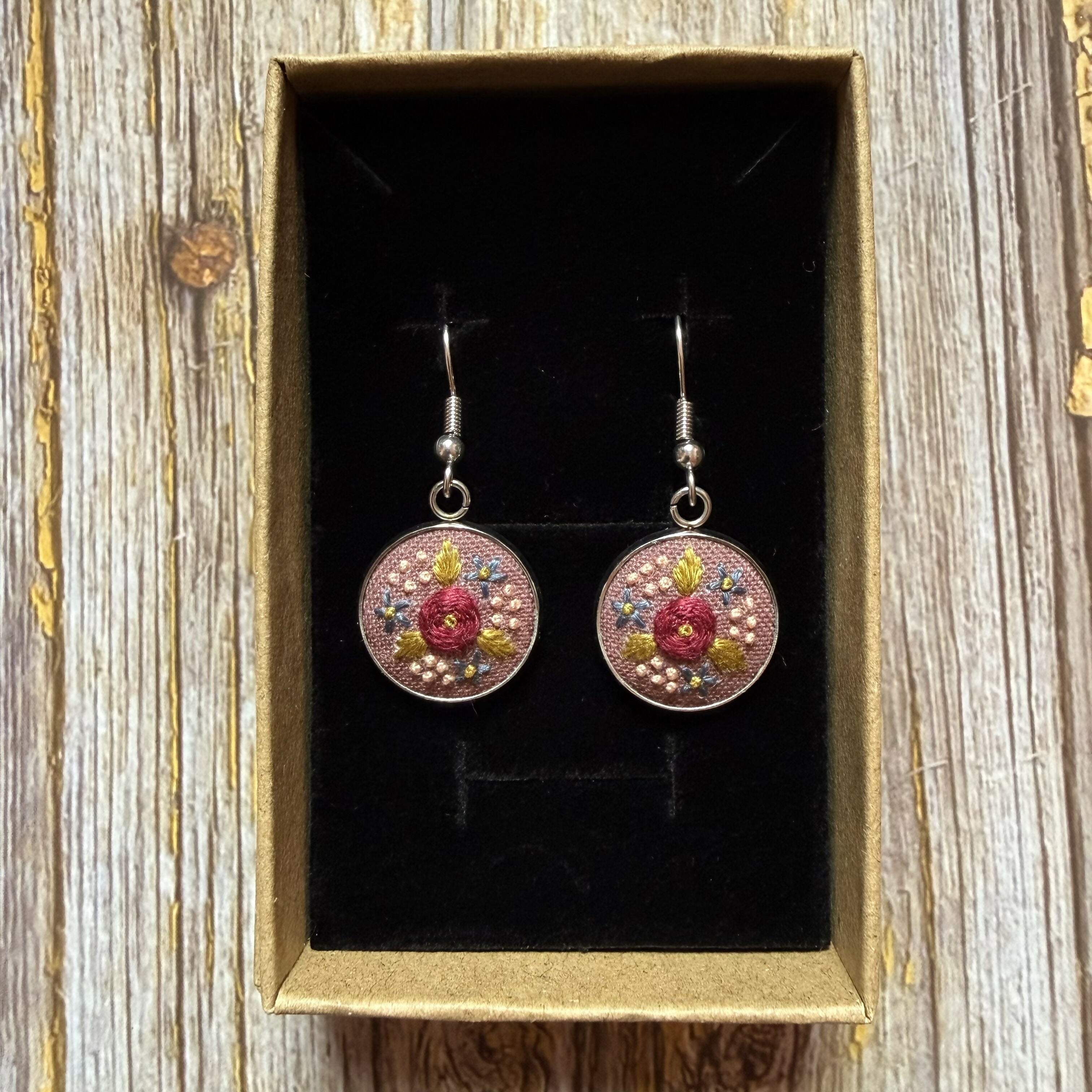Hand Embroidered Vintage Style Pink Earrings