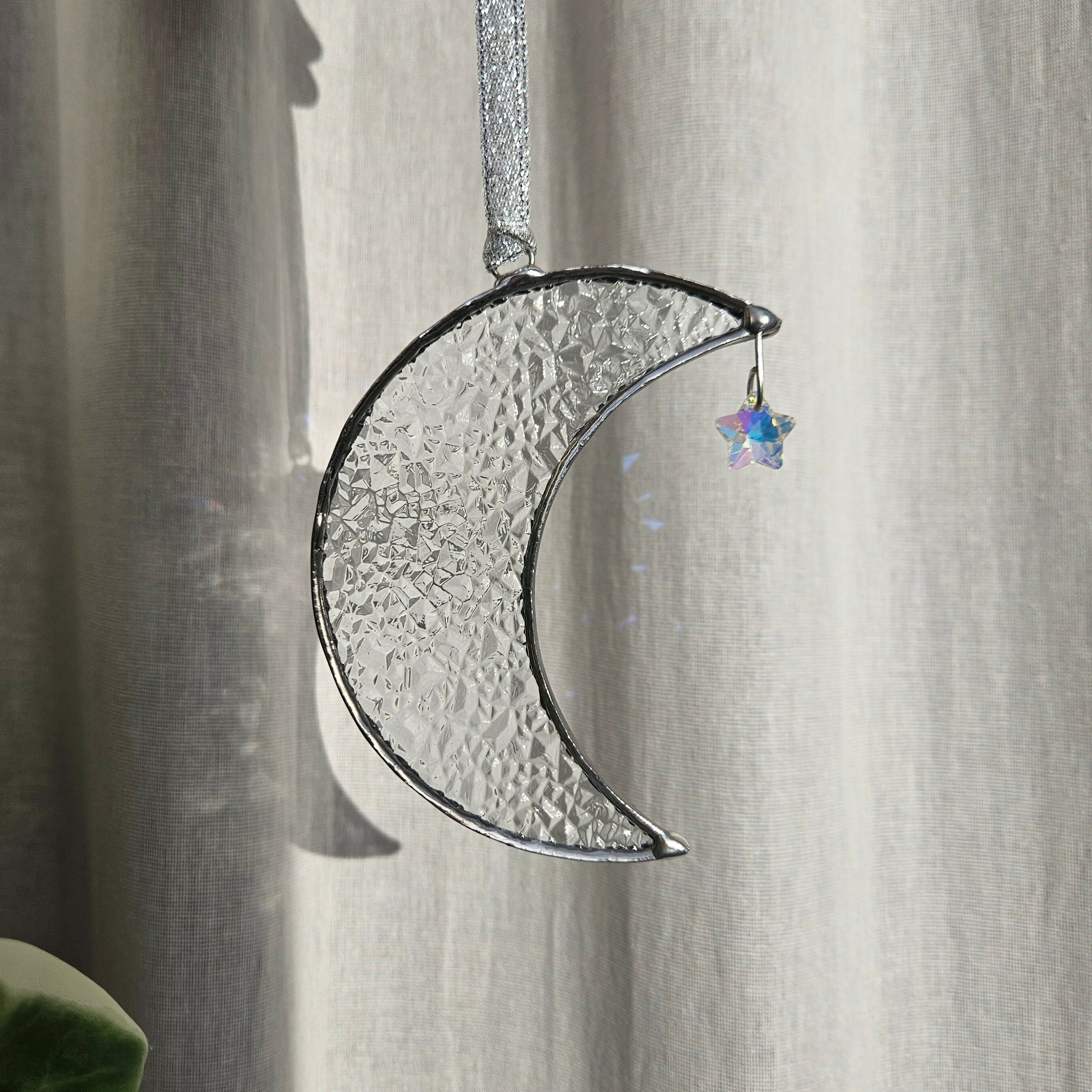 Clear Textured Crescent Moon Stained Glass Suncatcher