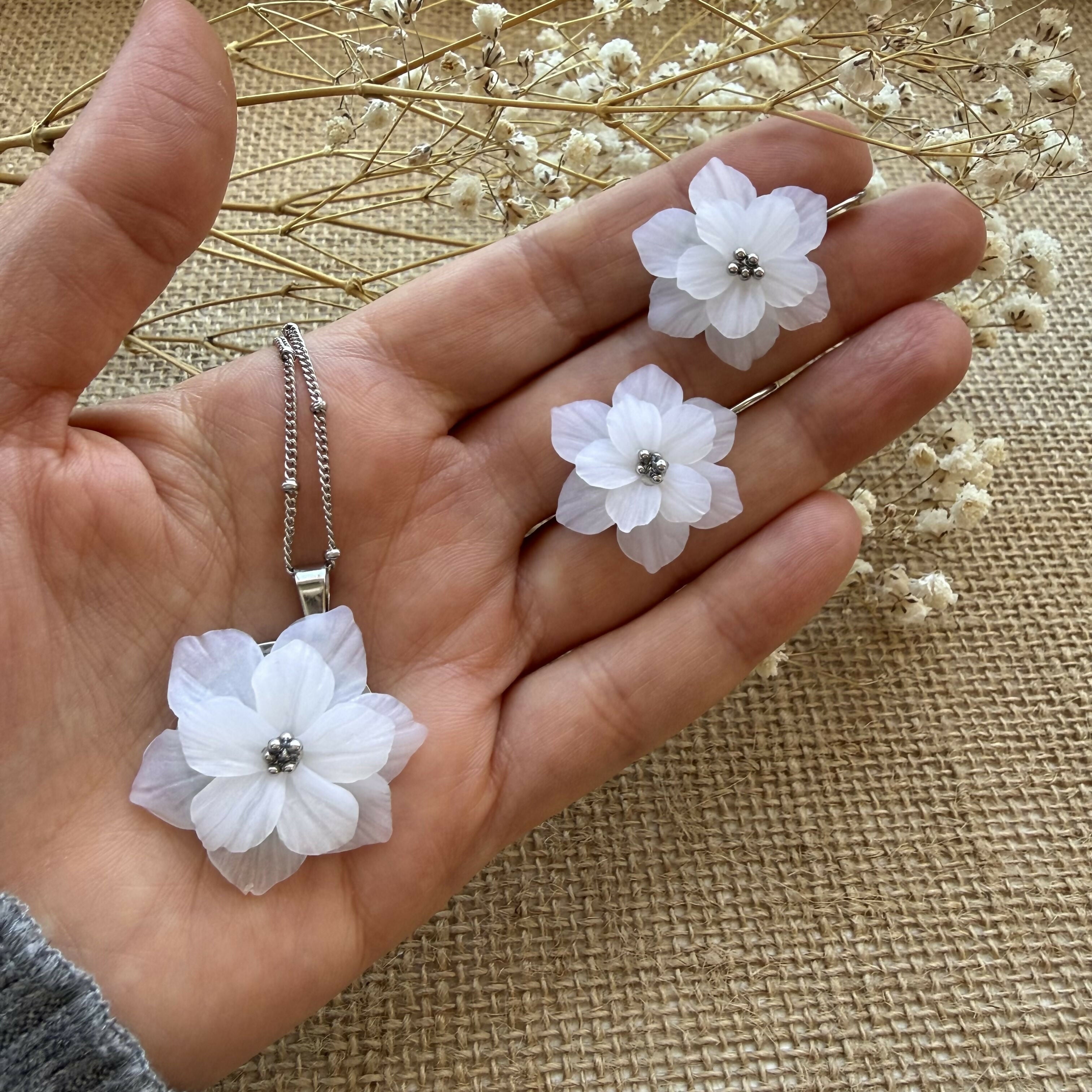Translucent White Flower Drop Earrings with Silver Bead Centre
