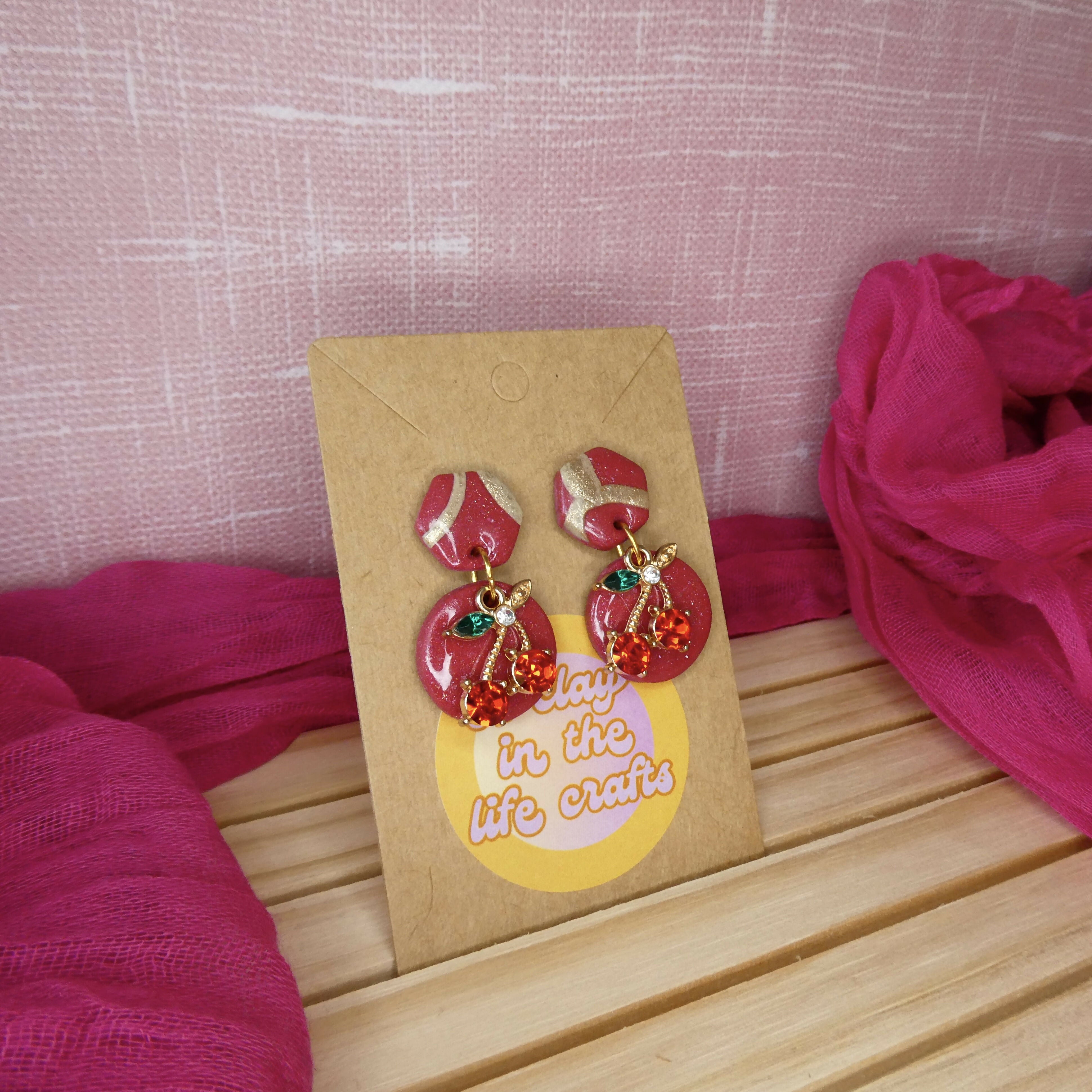 Red Polymer Clay Earrings With A Cherry Charm