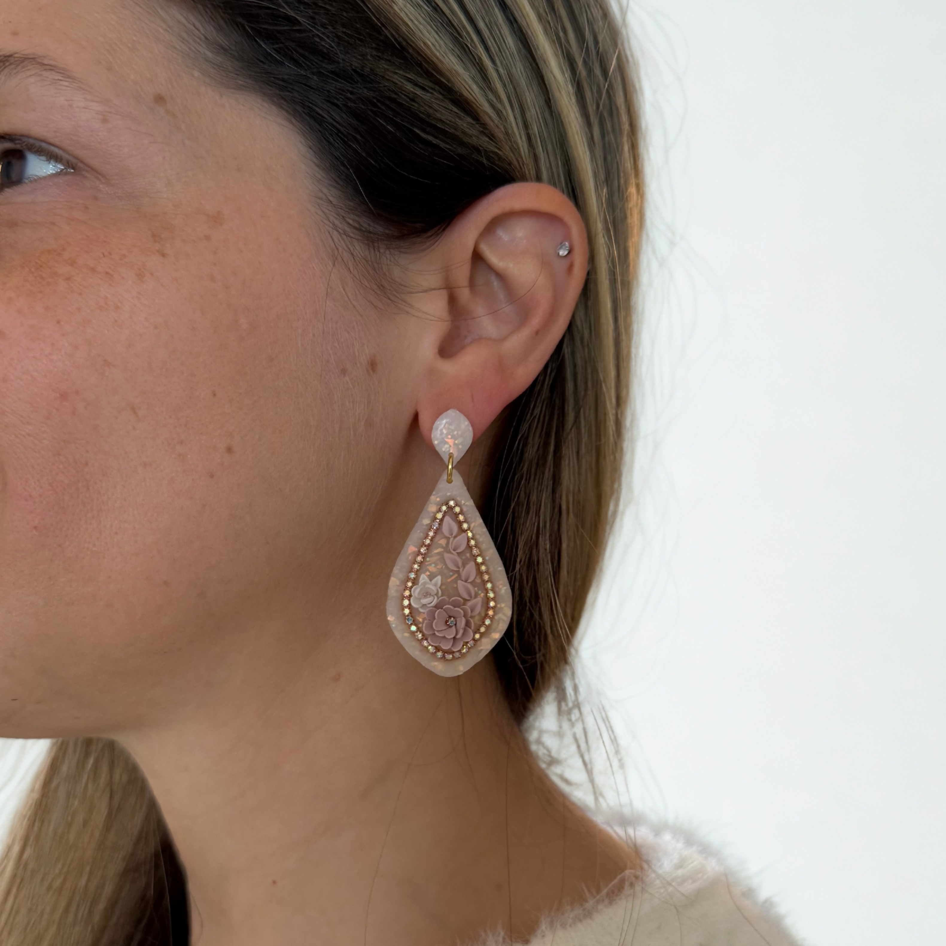 Floral Teardrop Drop Earrings with Rhinestone Border and Opal Glitter Detail in Nude