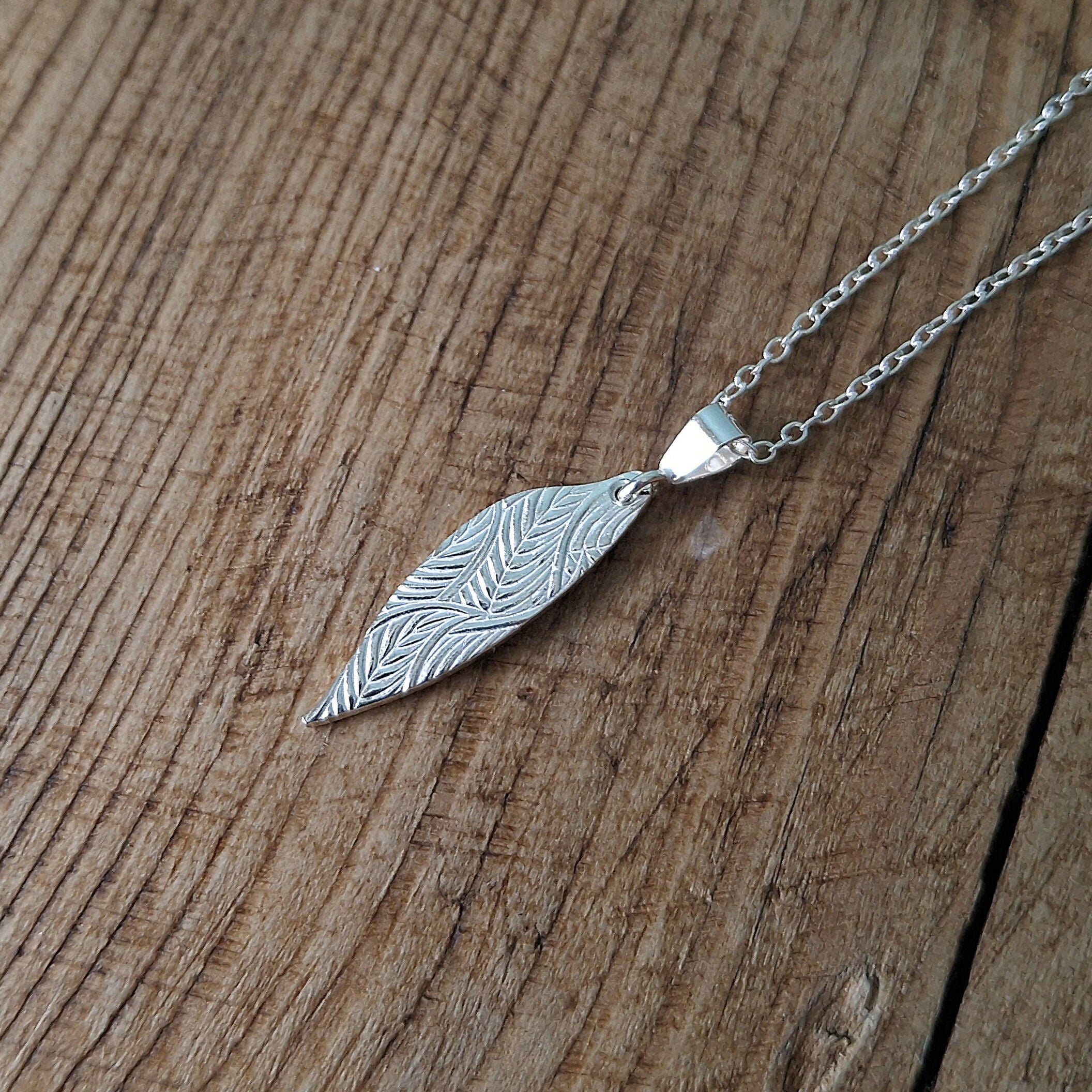 Handmade Silver Drop Leaf Necklace Leafy Texture