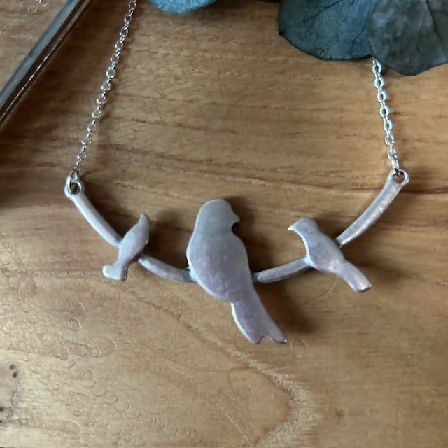 Antique Silver Plated Birds On A Branch Necklace
