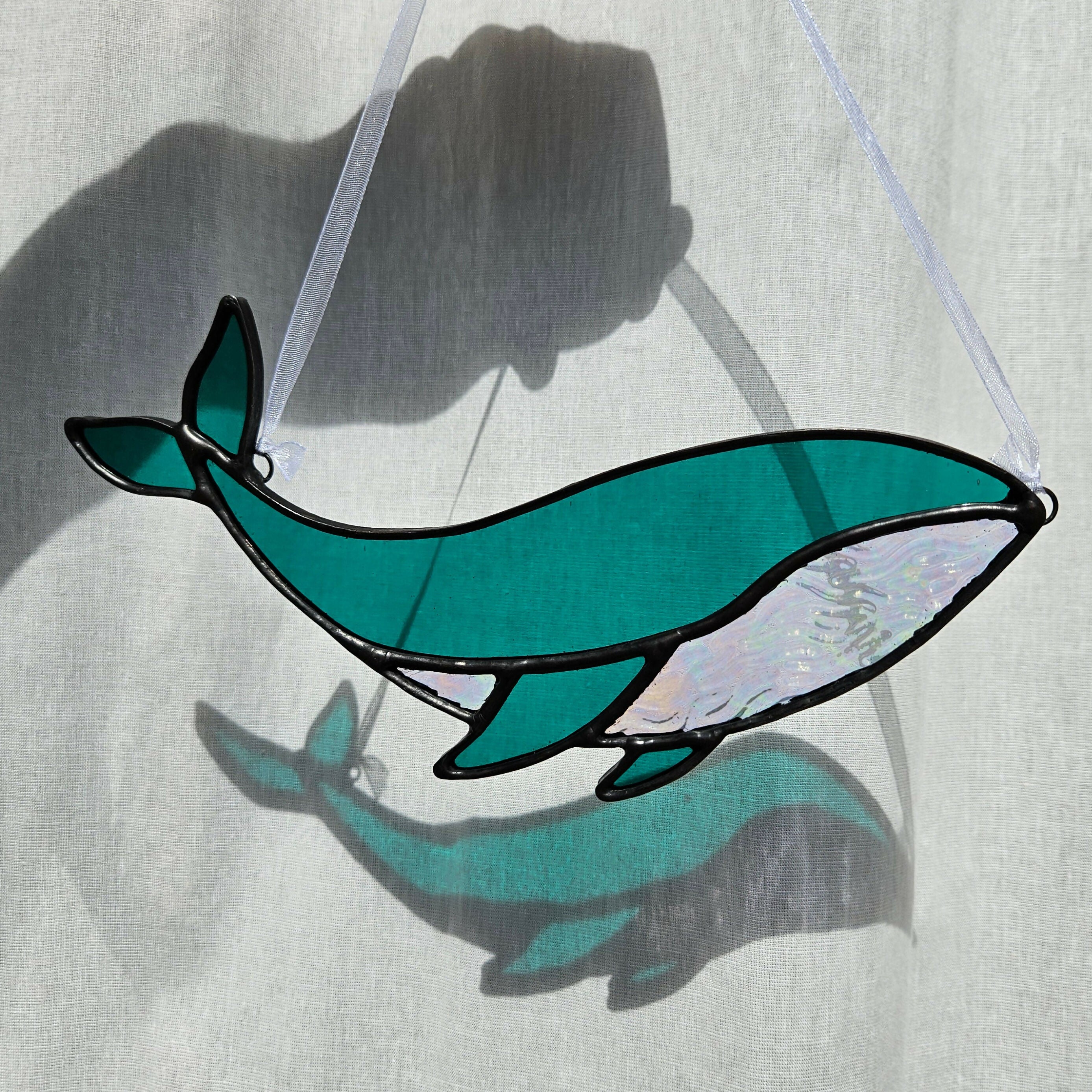 Teal Green & Iridescent Textured Whale Stained Glass Suncatcher