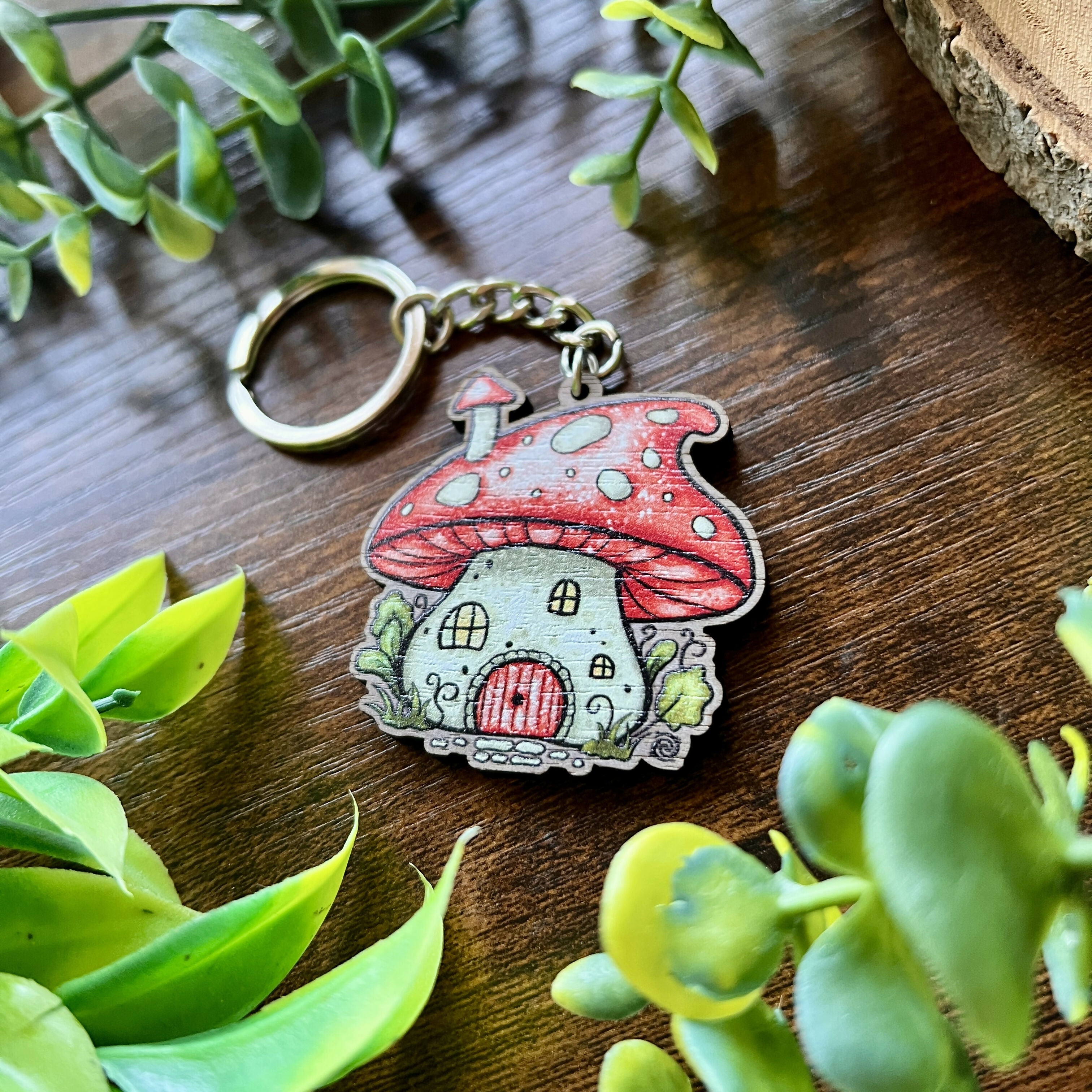 Mushroom House Wooden Keyring