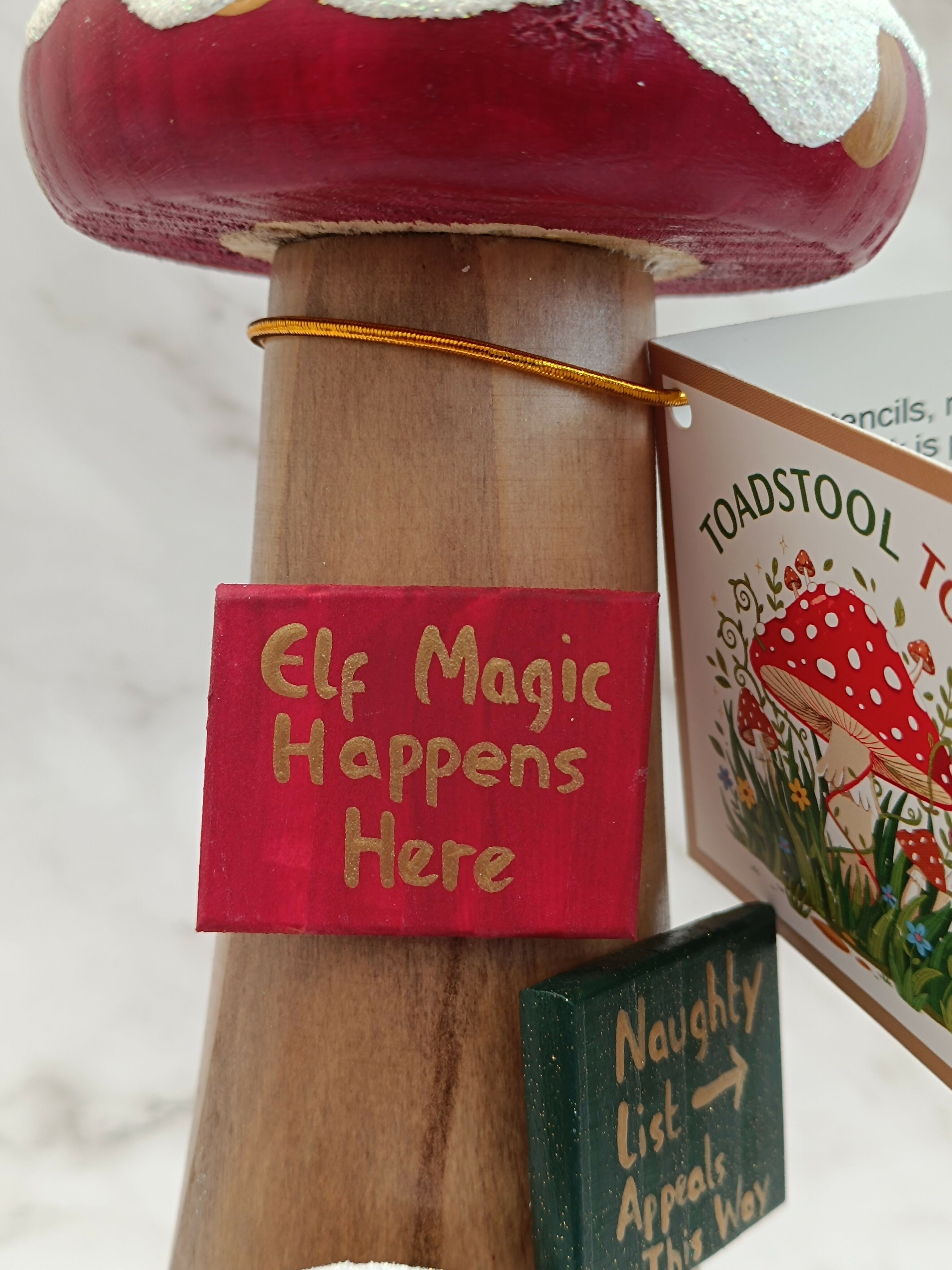 30cm Red Handmade, Free Standing Painted Wooden Bell Shaped Topped Toadstool Elf House With Double Snow - Whimsical Woodland Ornament & Holiday Keepsake