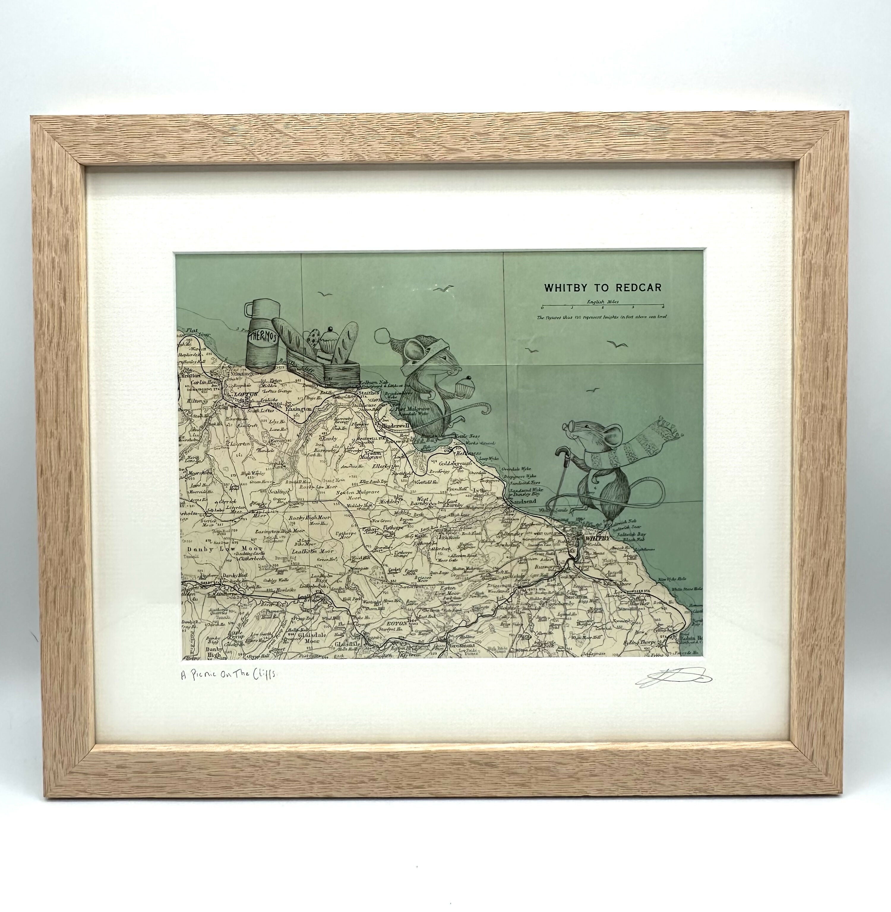 A Picnic On The Cliffs - Original Open Drawing on Vintage Map ( WHITBY-REDCAR) by Jenny Davies
