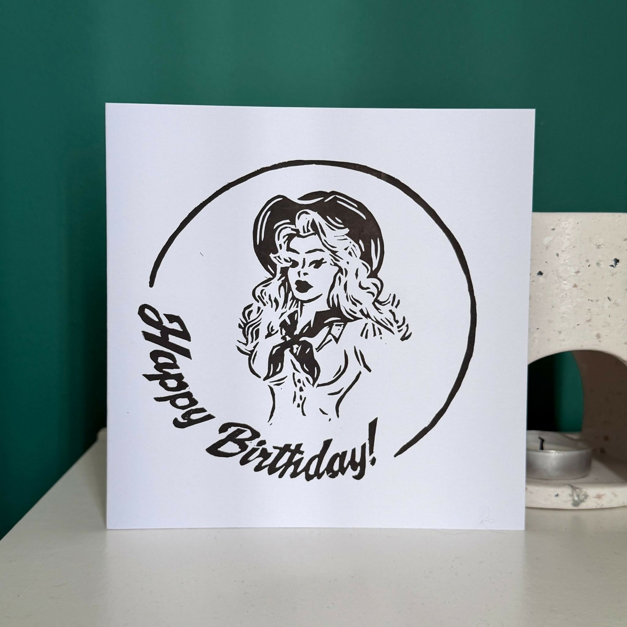 Lino Print Birthday Card - Cowgirl