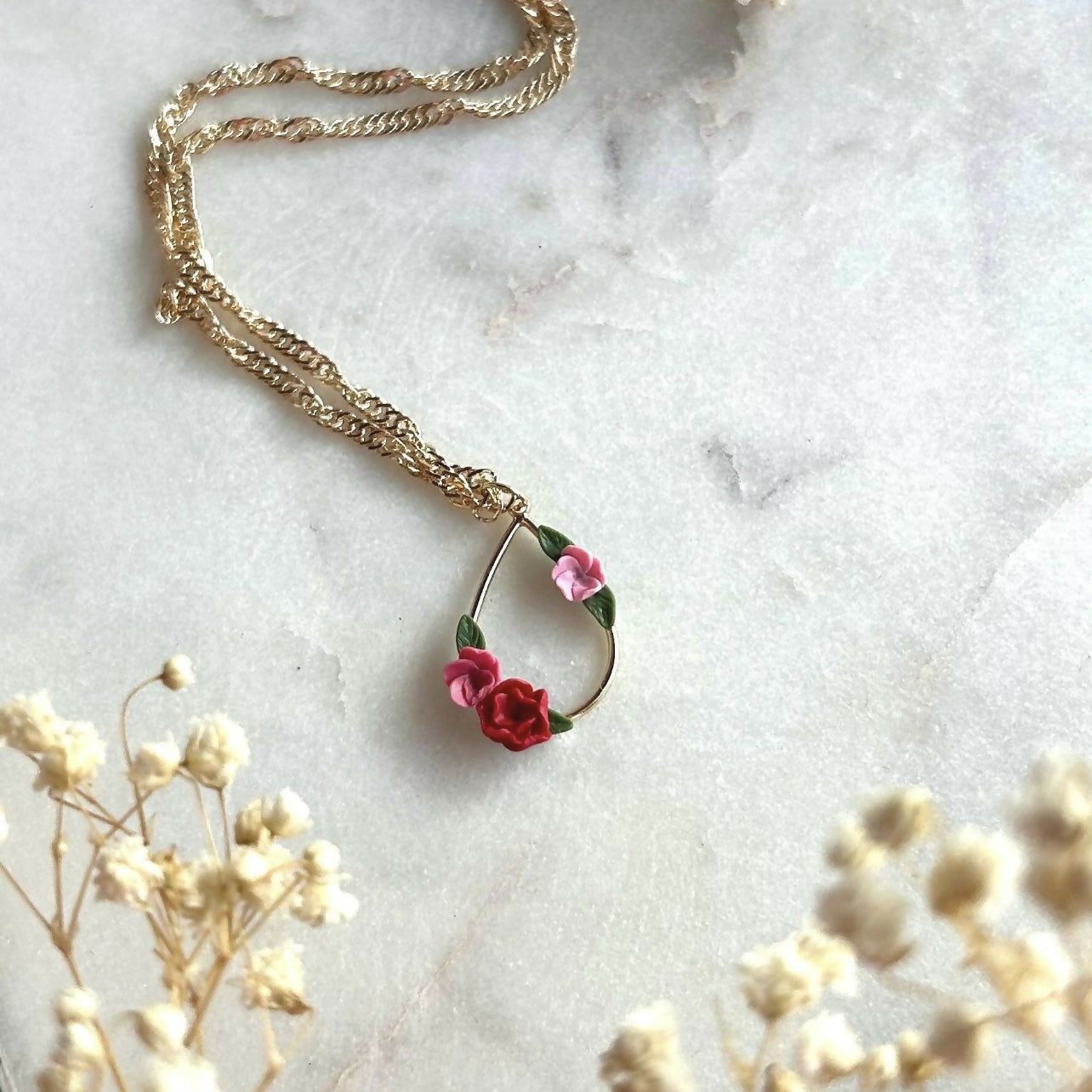 Pink Flower Teardrop Necklace