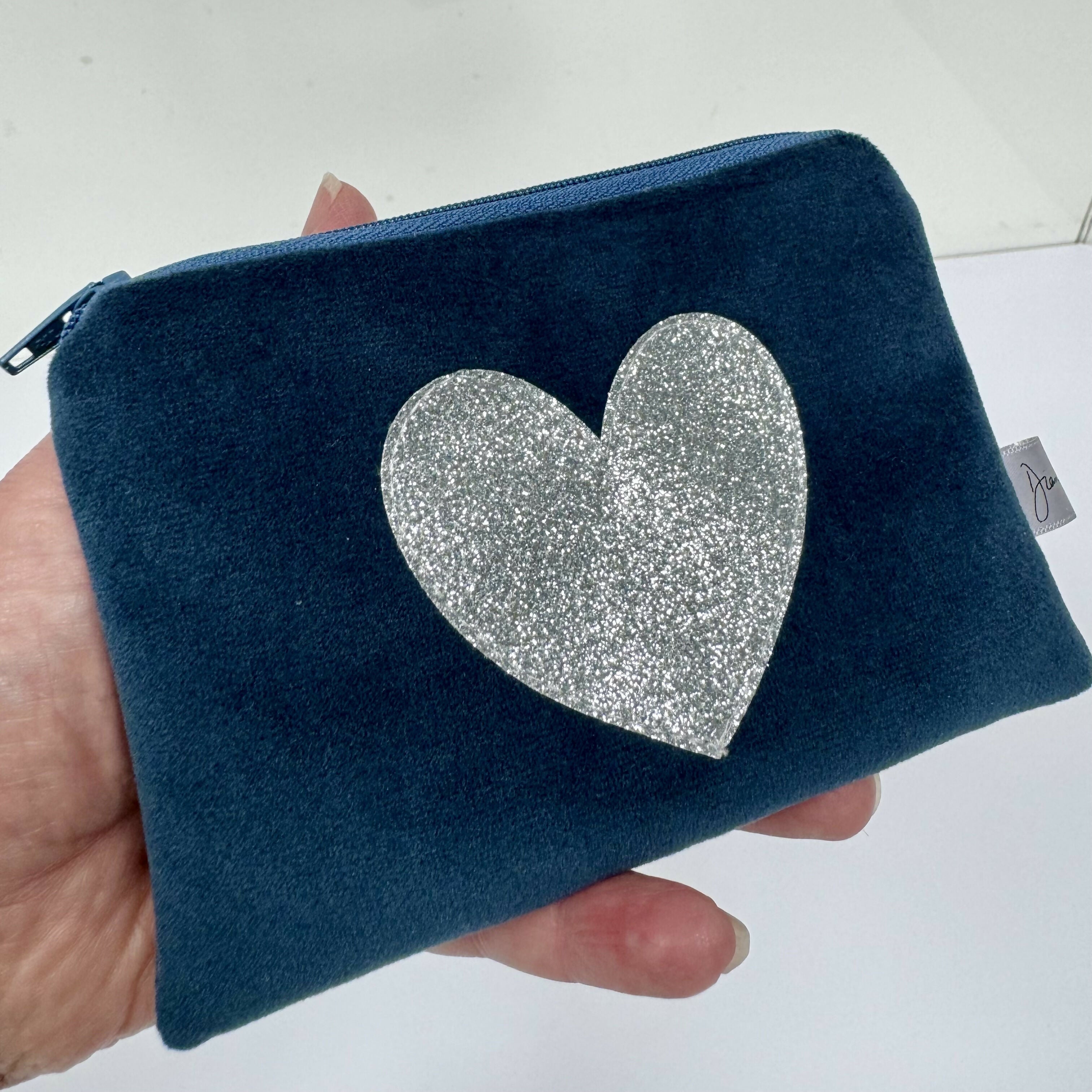 Dusty Blue Velvet Purse with a Silver Sparkle Heart