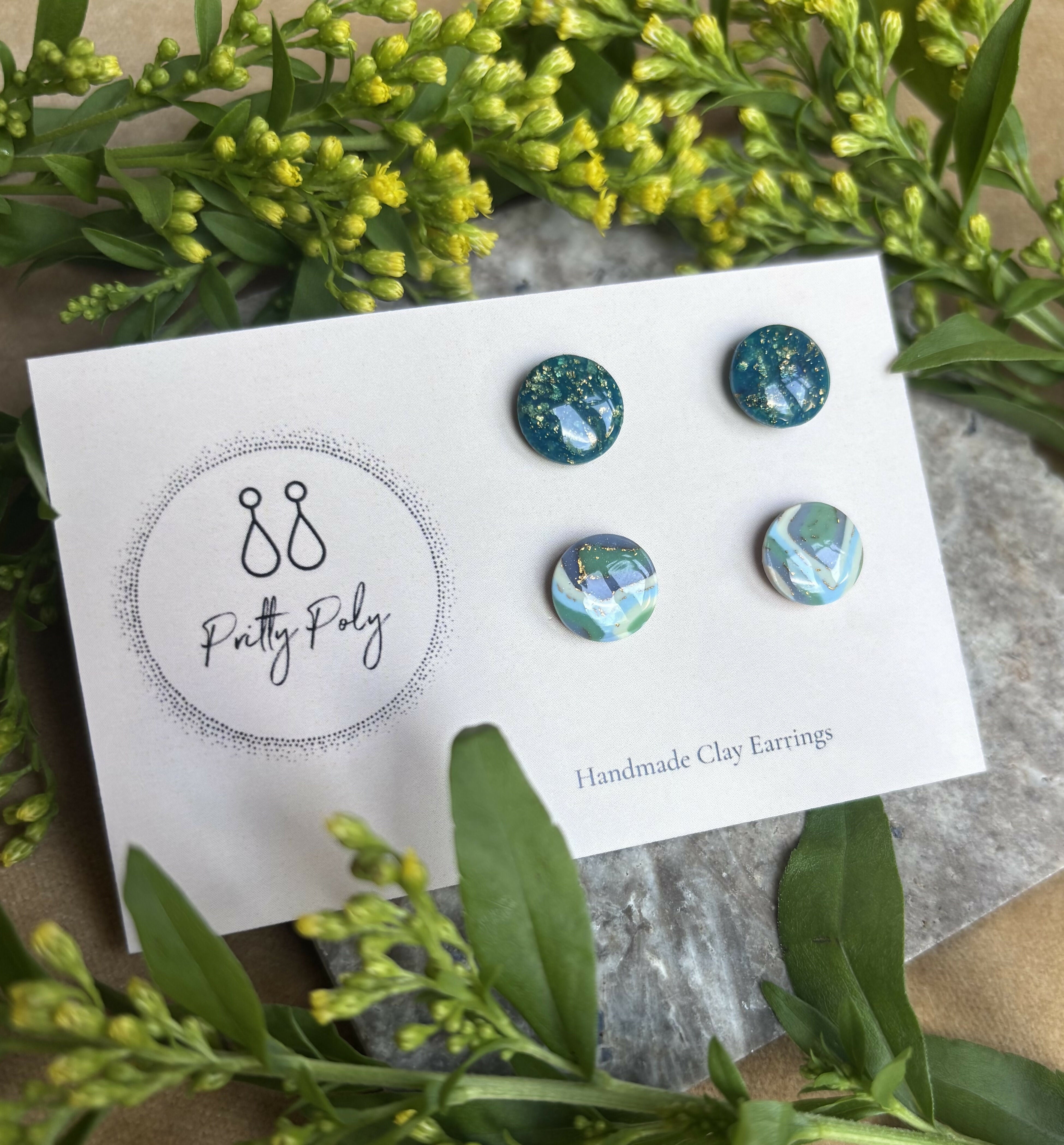 Clay Stud Pack - Deep Blue & Gold and Aqua Pattern Studs