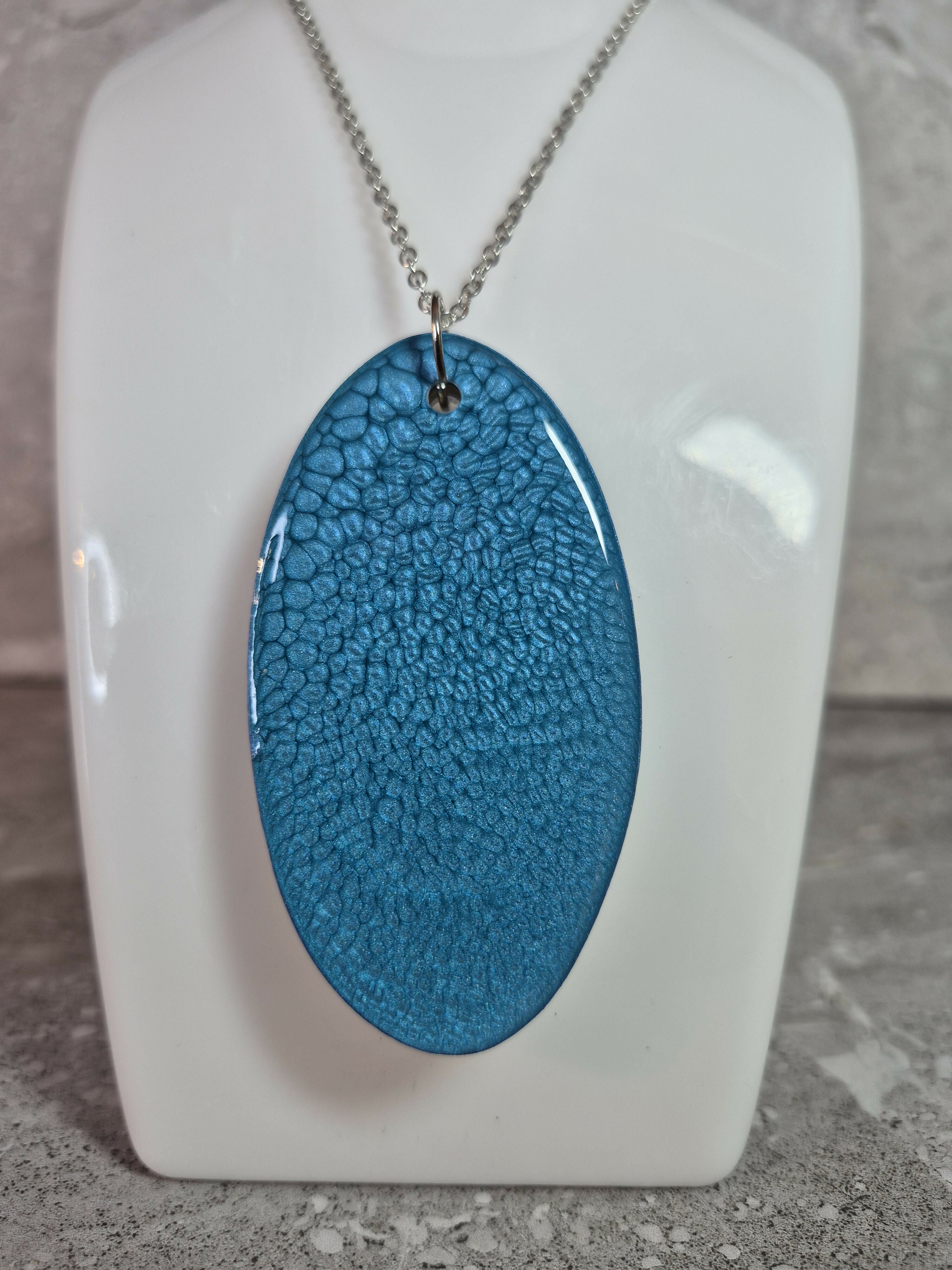 Unique Hand Crafted Double Sided Blue, Cyan, Ivory and Sand Large Oval Pendant - Wood and Resin