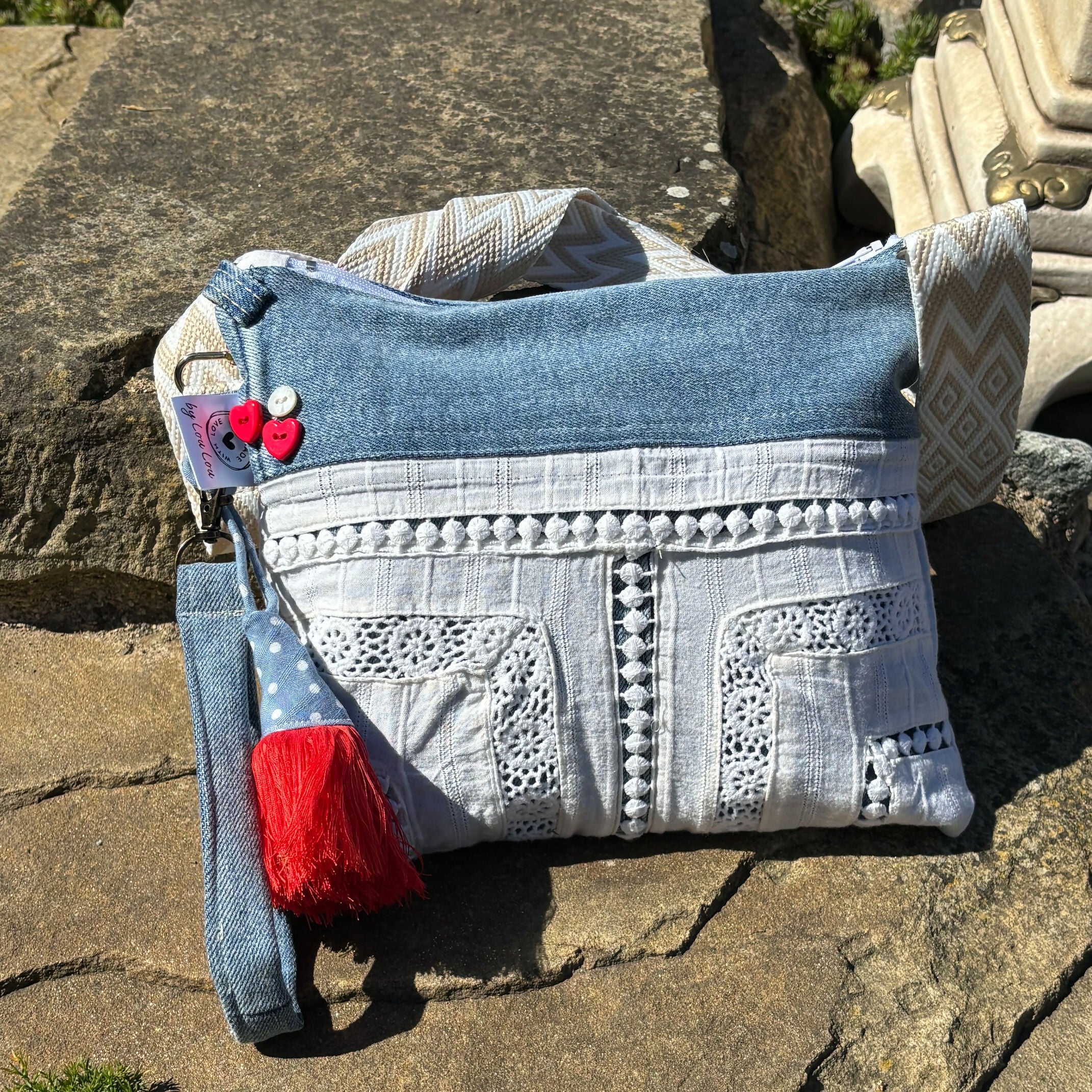 Unique Bag Handbag Made From Upcycled Jeans With Detachable Handle And Wrist Strap Plus Gonk Decoration