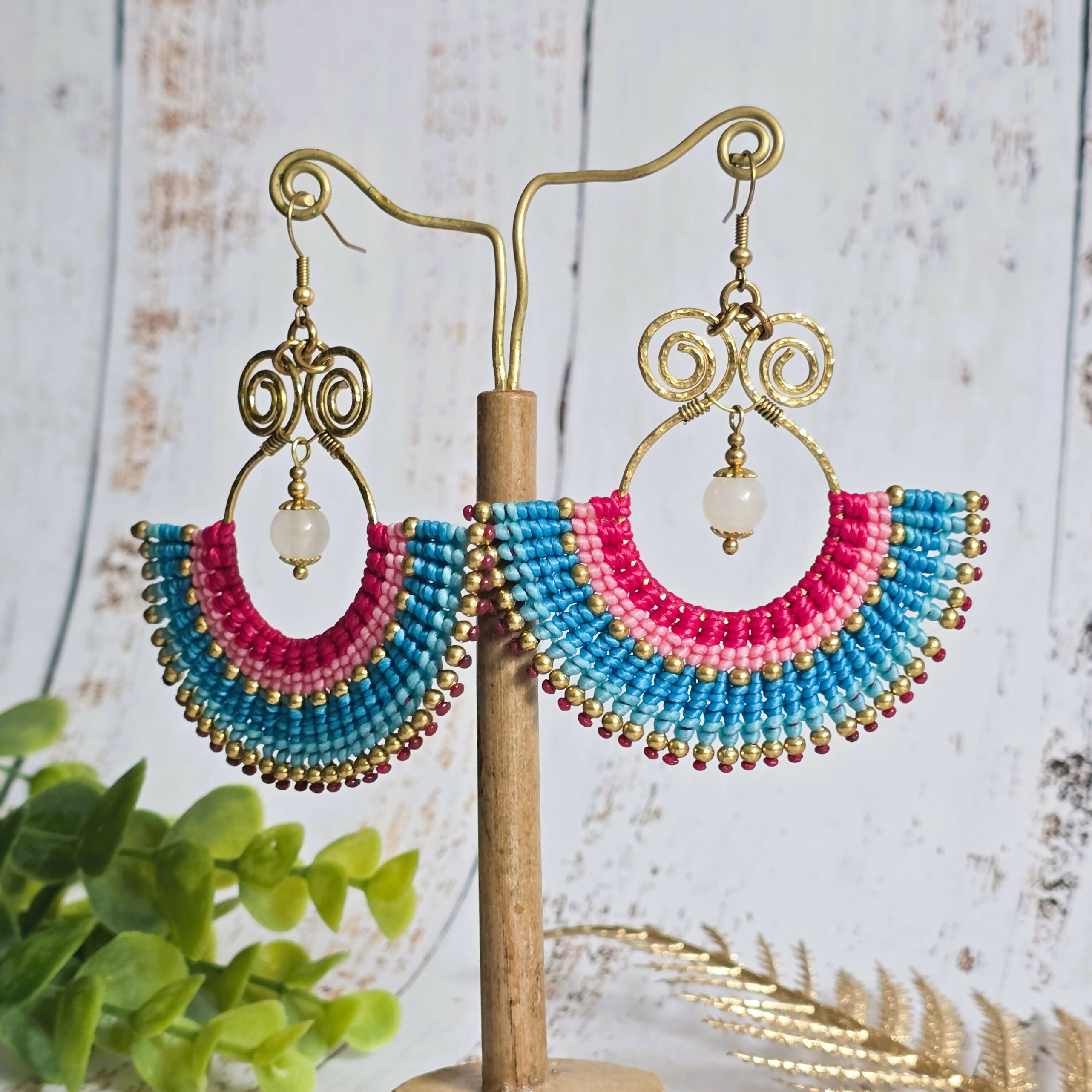 Pink Rose Quartz Statement Earrings; Handmade Bohemian Macramé Earrings With Gold Spiral Wirework