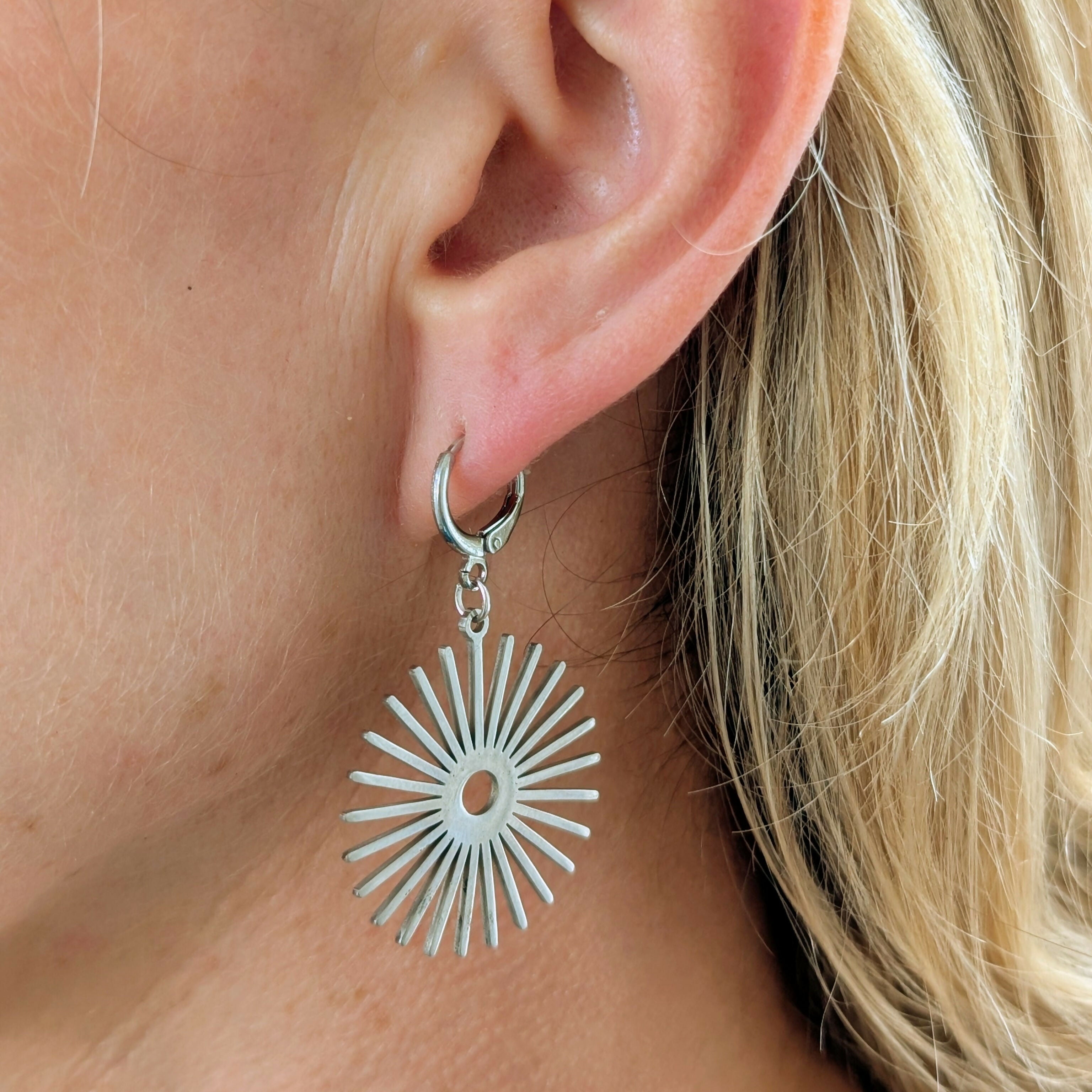 Silver Sunburst Earrings on Gold Plated Huggie