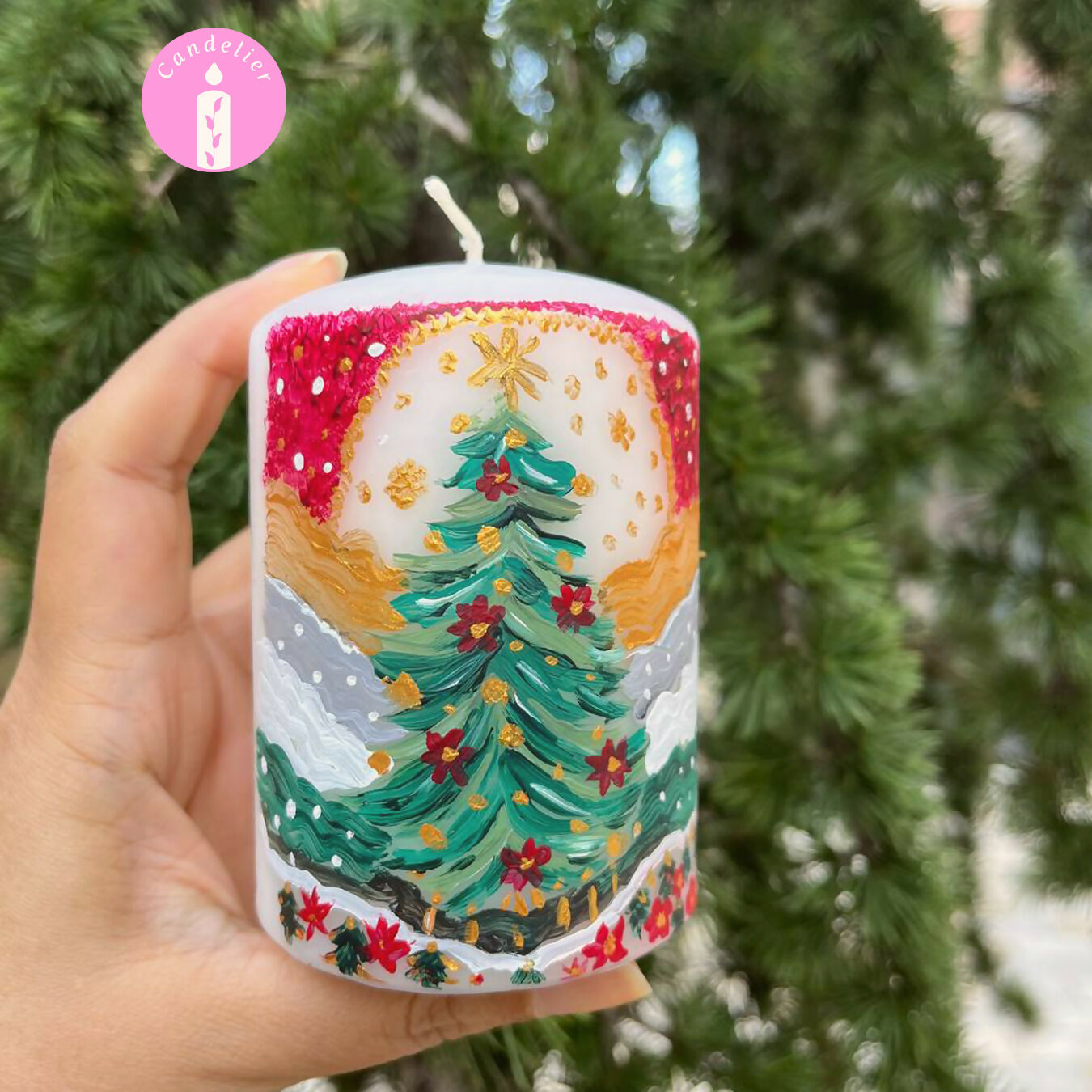 Christmas Tree Design on White Candle