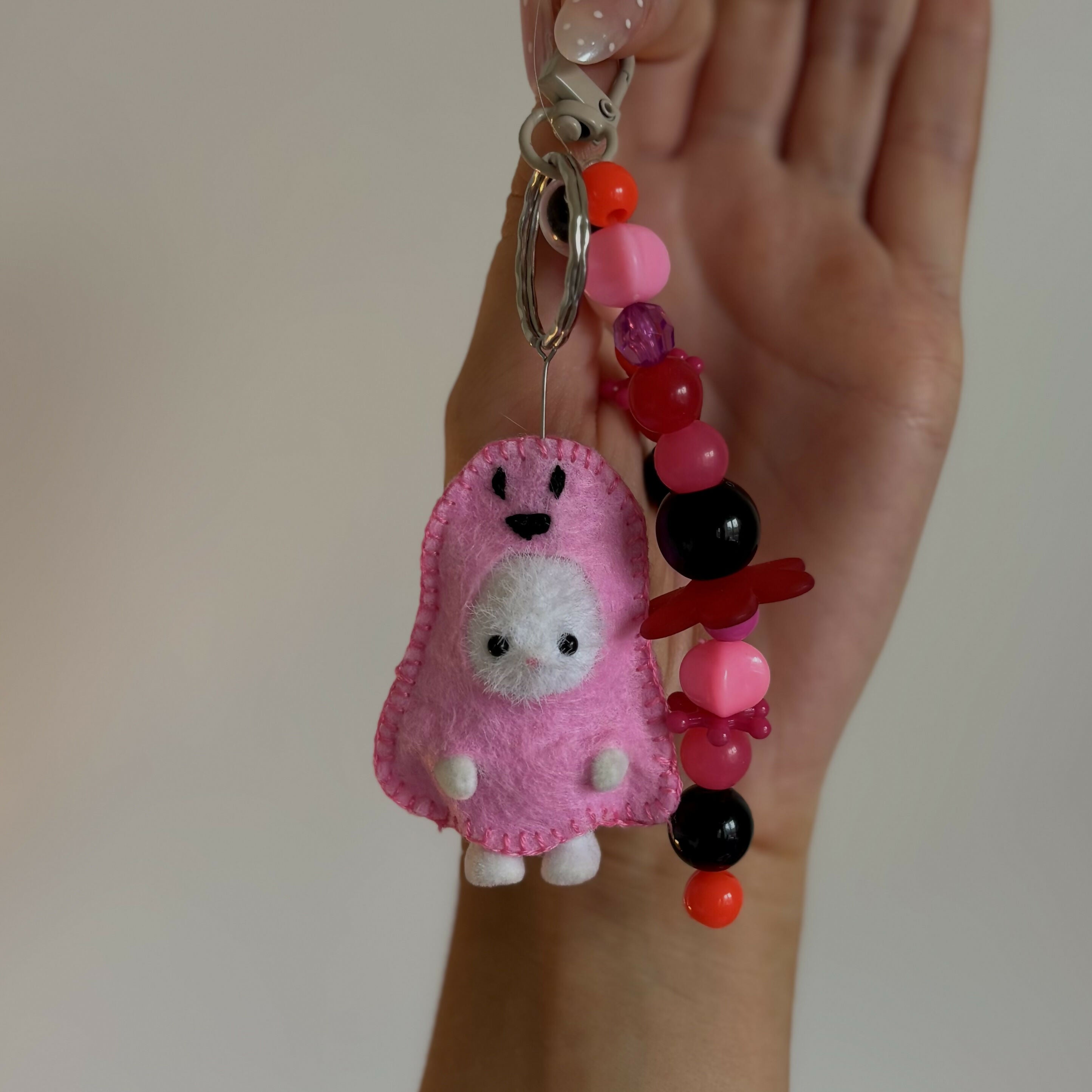 Pink Ghost Cat Felt Keyring