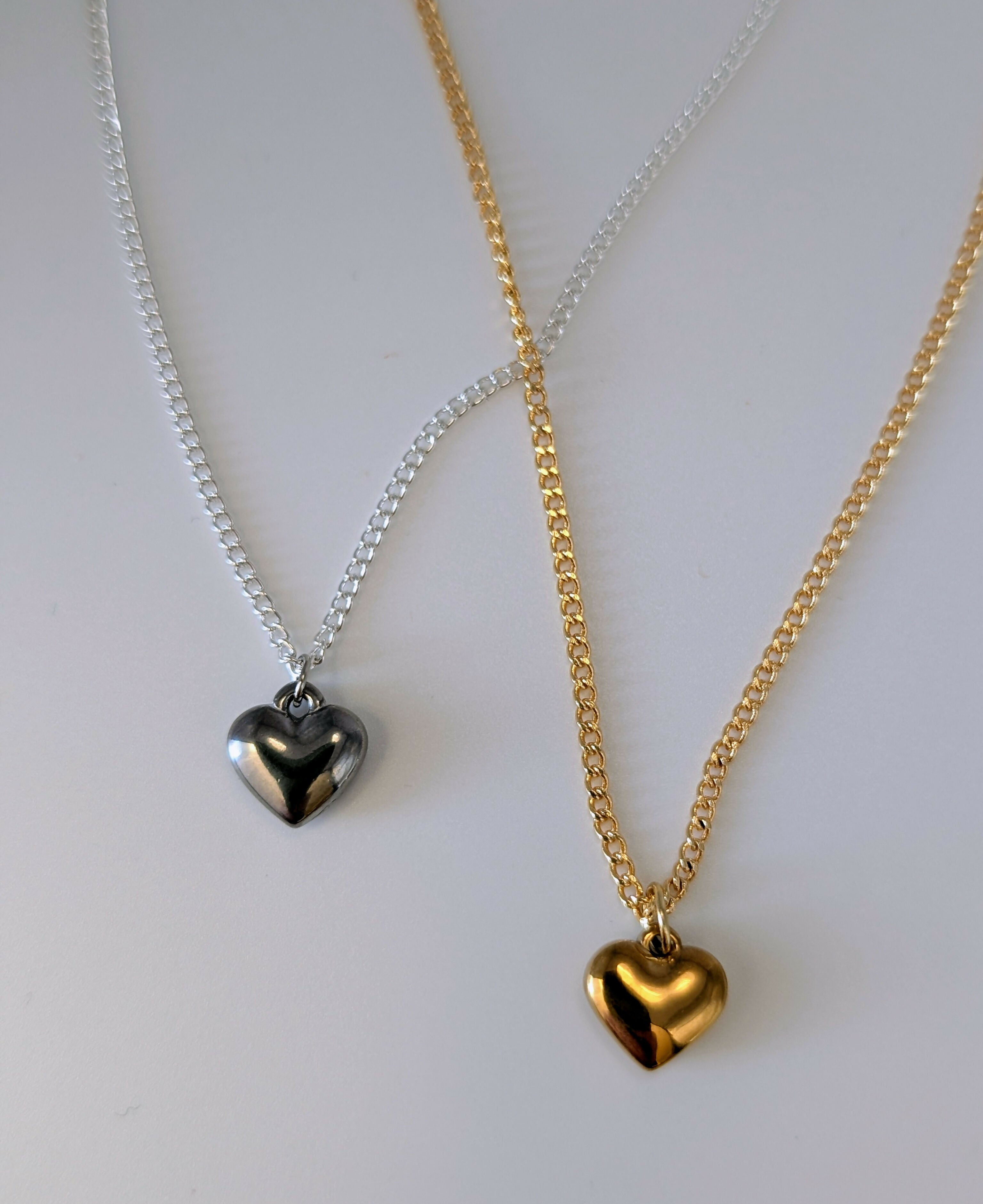 Chunky Gold 3D Heart Charm Necklace on a Flat Gold Plated Chain