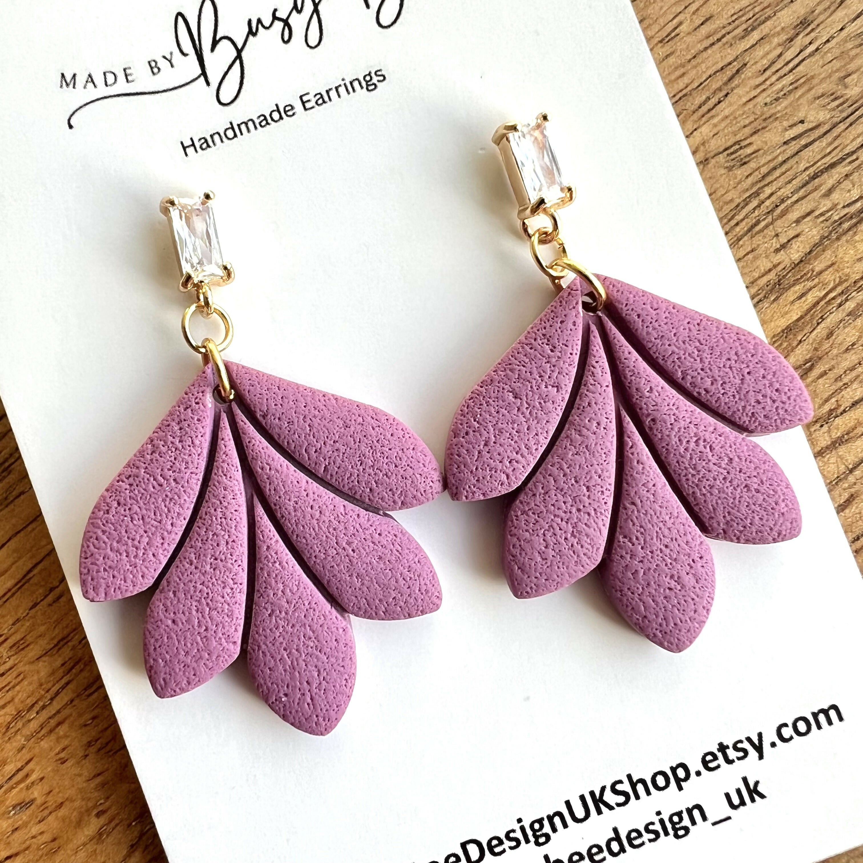 Minimal Leaf Earrings with Clear Glass Cubic Zirconia Studs/ Art Deco Polymer Clay Earrings / Handmade Clay Jewellery