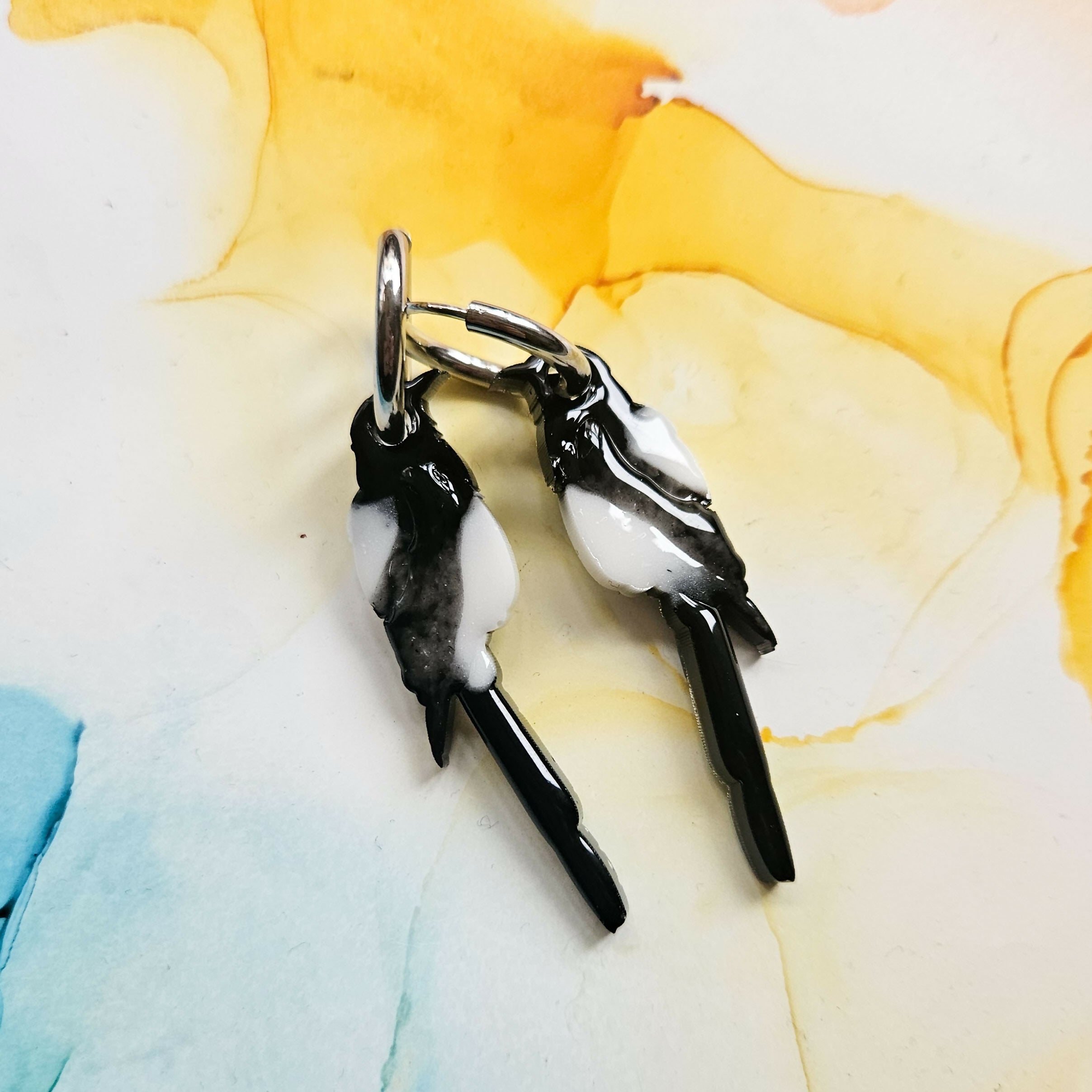Handmade Magpie Birds Resin Charms On Chunky Hoops