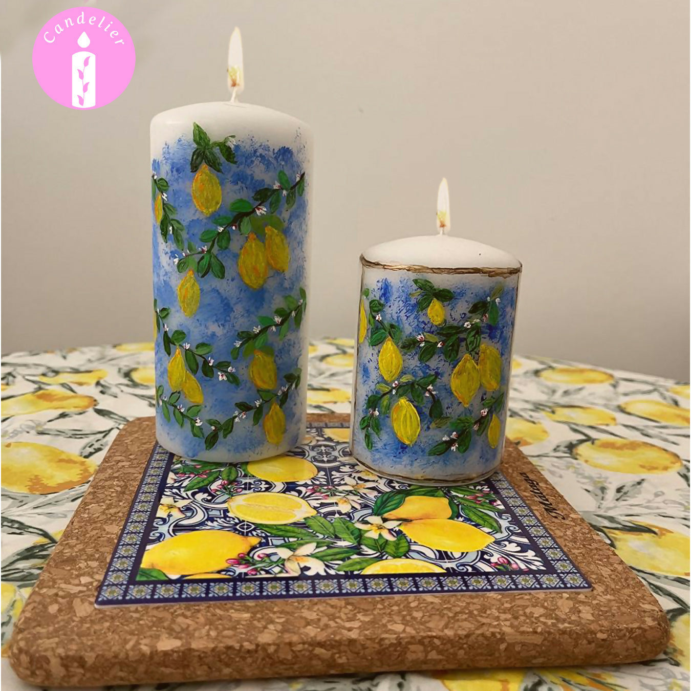 Mediterranean Inspired Lemon Design On White Candle