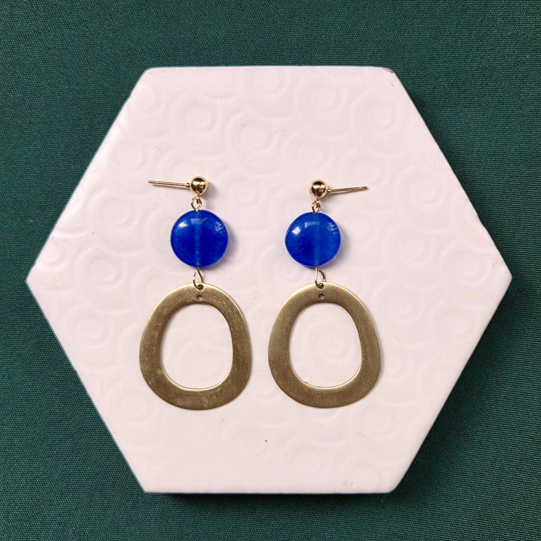 Cleo Blue Beaded Brass Statement Drop Earrings