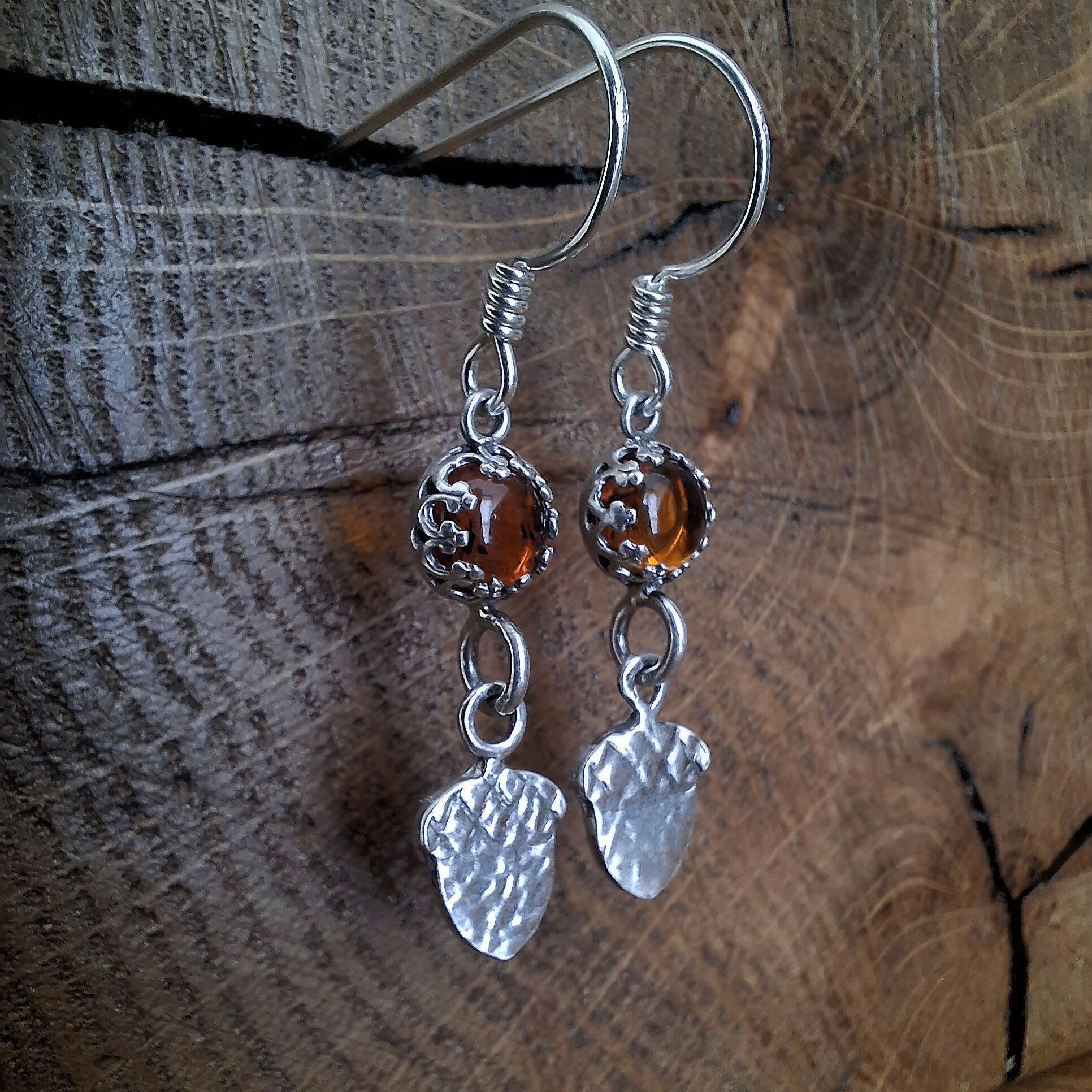 Handmade Silver Acorn Earrings With Amber