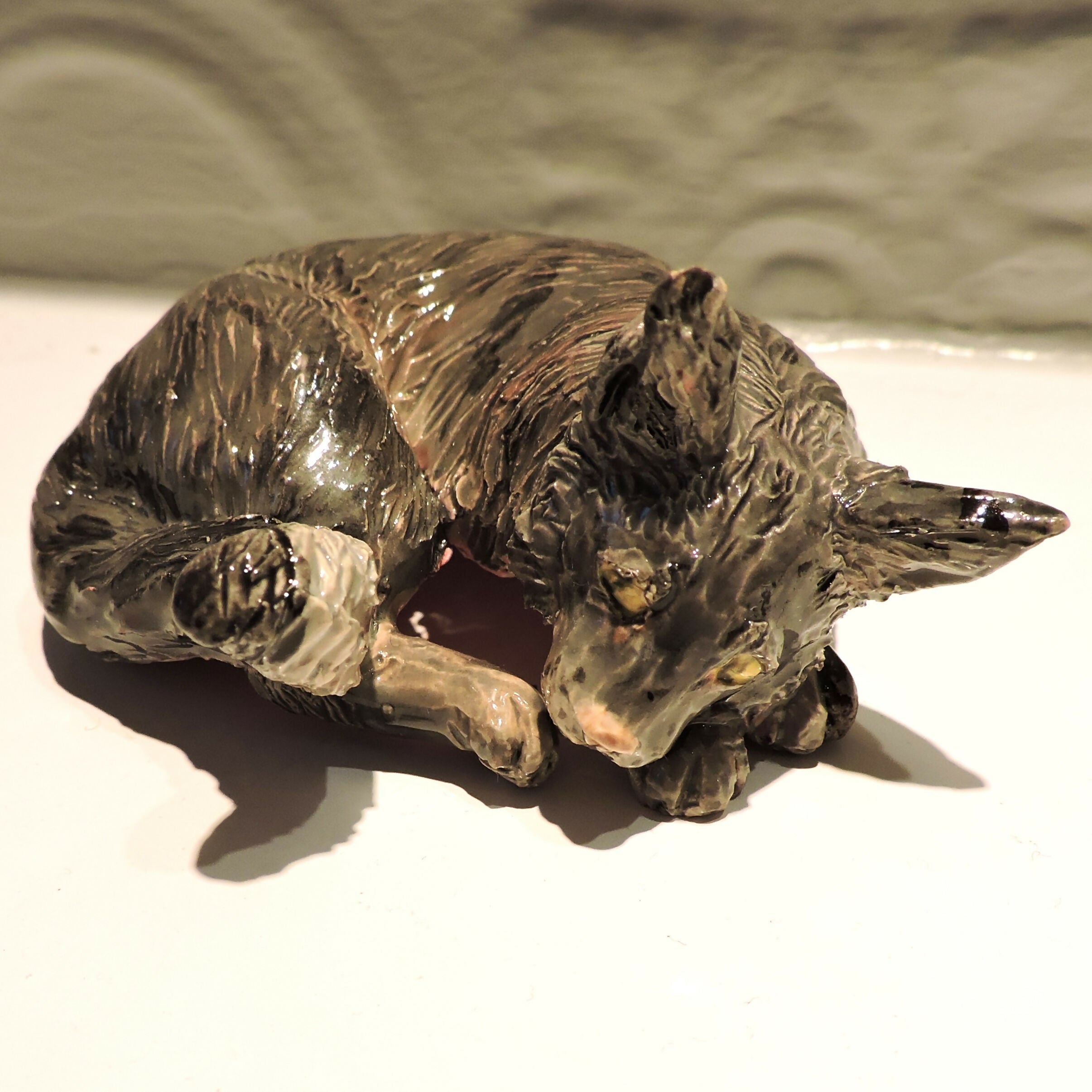 Ceramic Comfy grey maine coon cat sculpture,