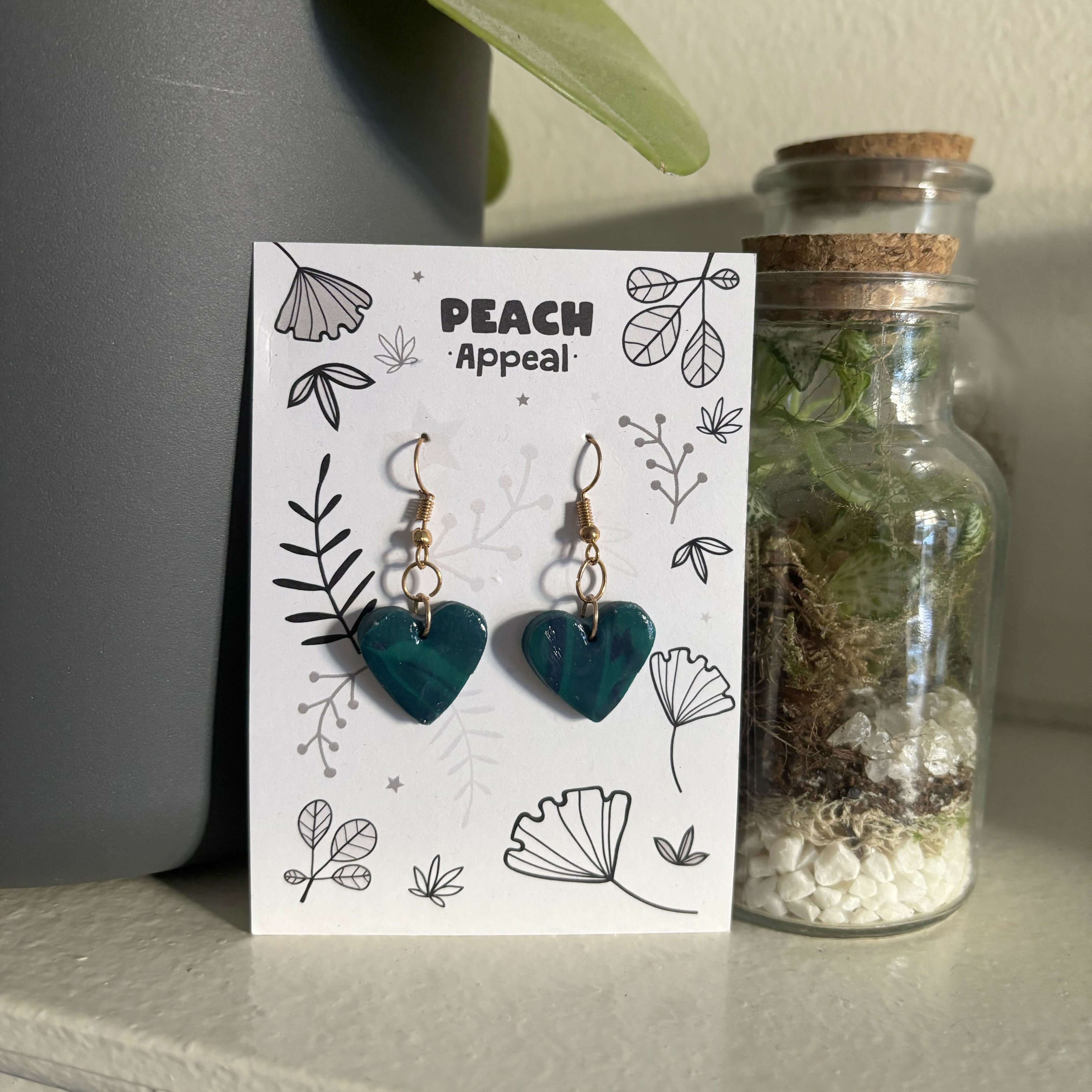 Recycled Polymer Clay Earrings - Green Heart Patterned