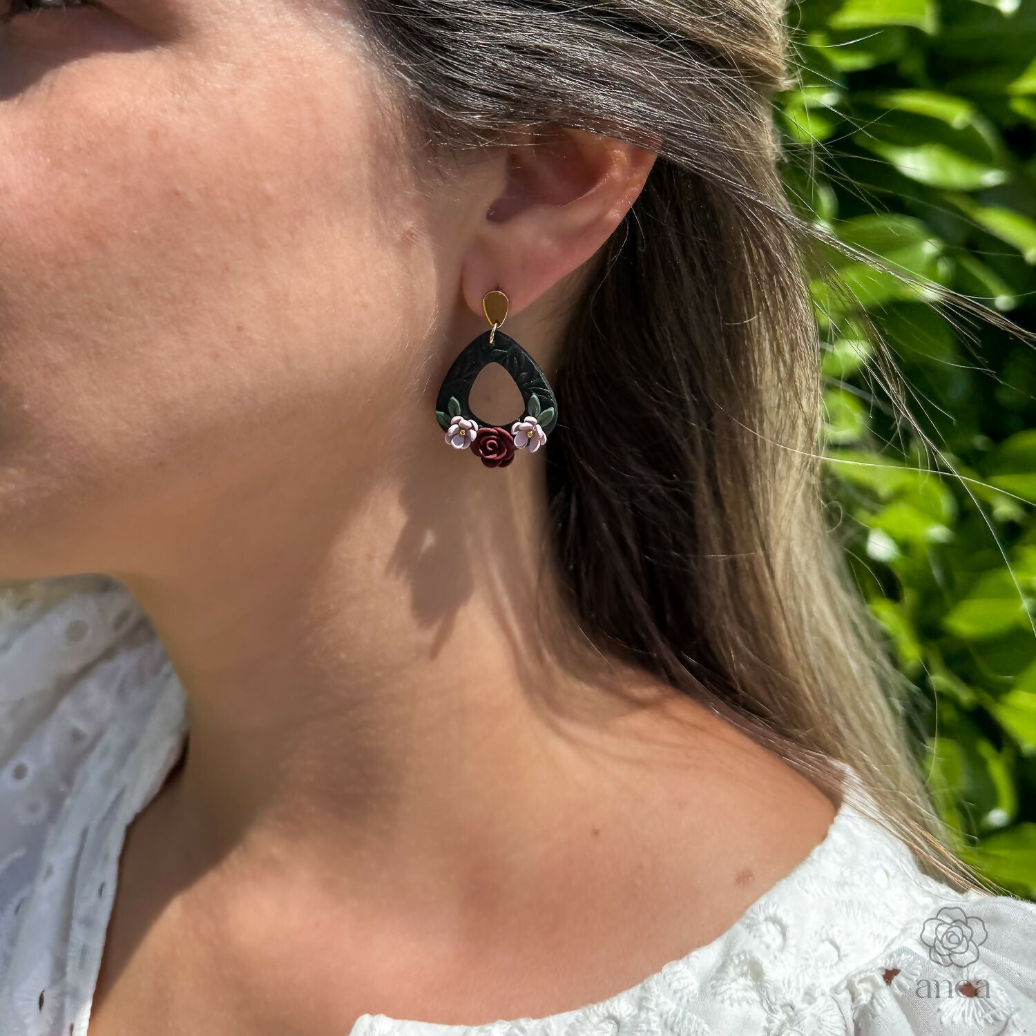Dark Floral Drop Earrings with Bordeaux Rose and Pink Flower Detail