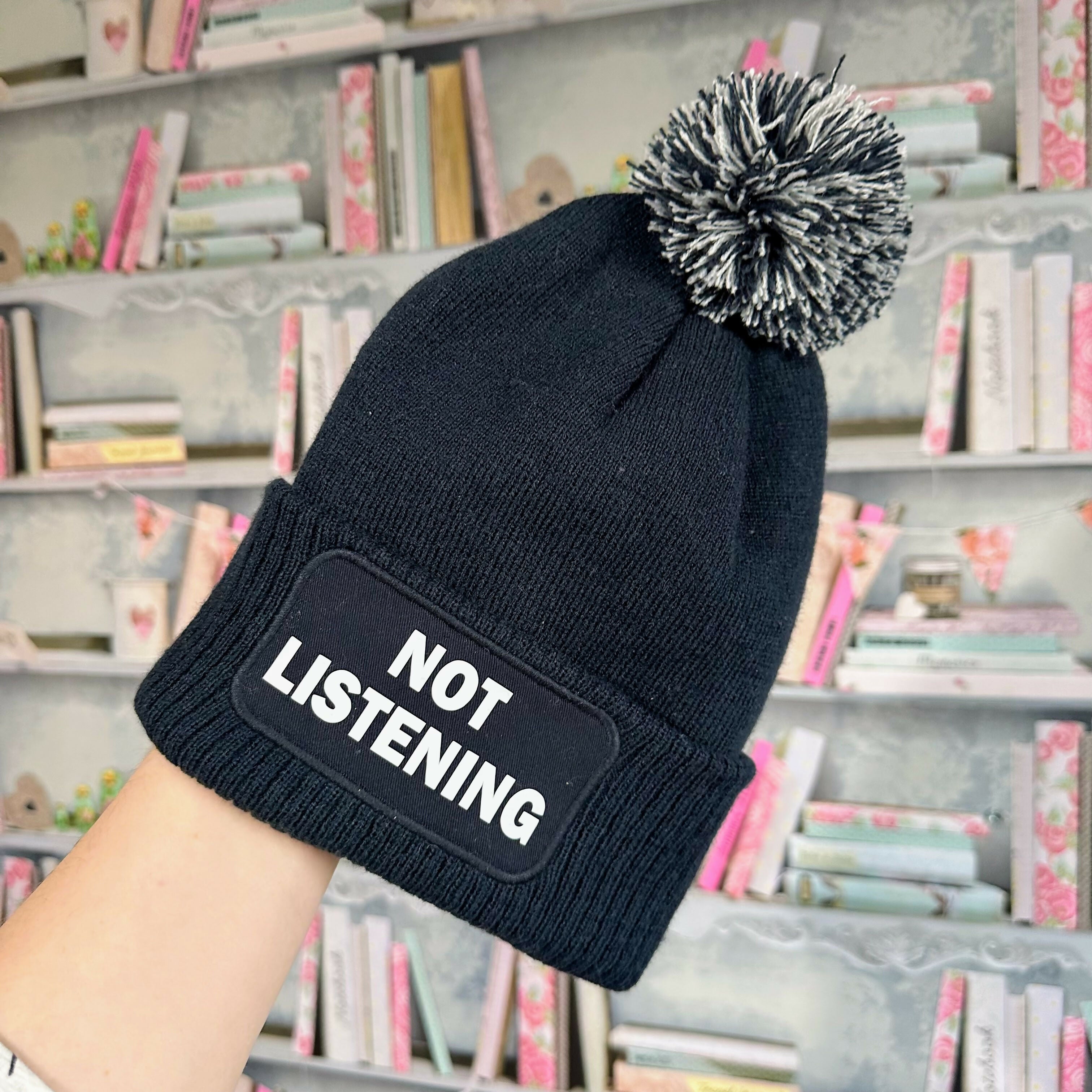 Not Listening Cuffed Rectangular Patch Bobble Hat