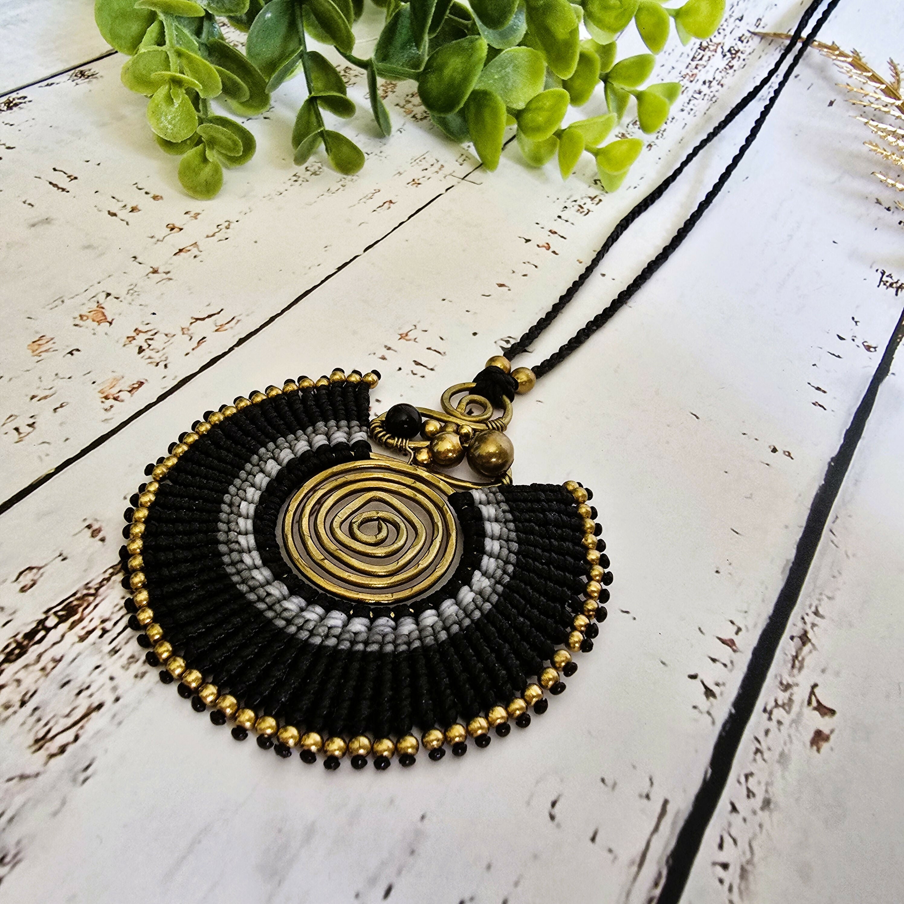 Black Agate Macramé Necklace; Full Moon Boho Statement Pendant with Gold Spiral
