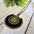 Black Agate Macramé Necklace; Full Moon Boho Statement Pendant with Gold Spiral