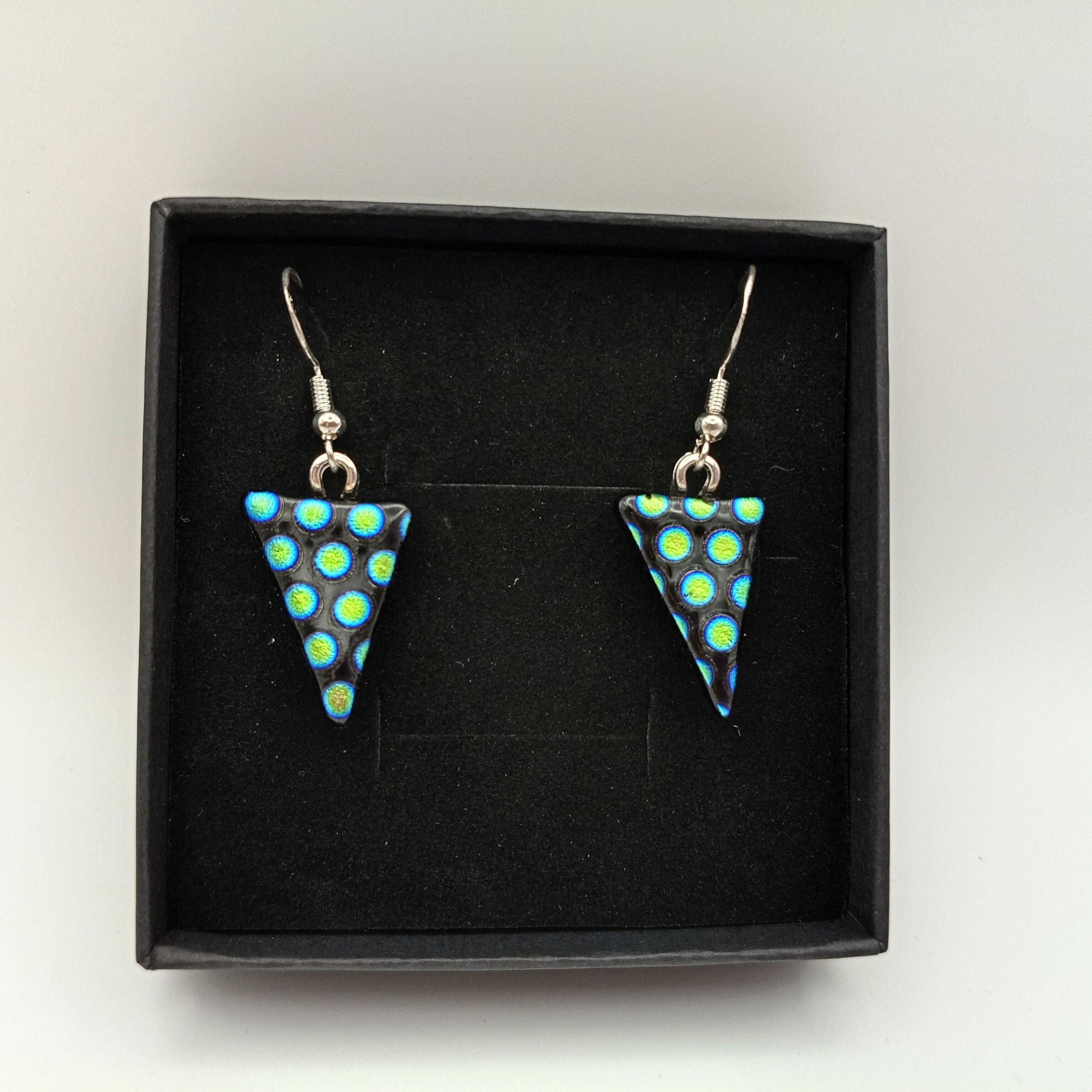 Green Spots on Black Triangular Dichroic Earrings