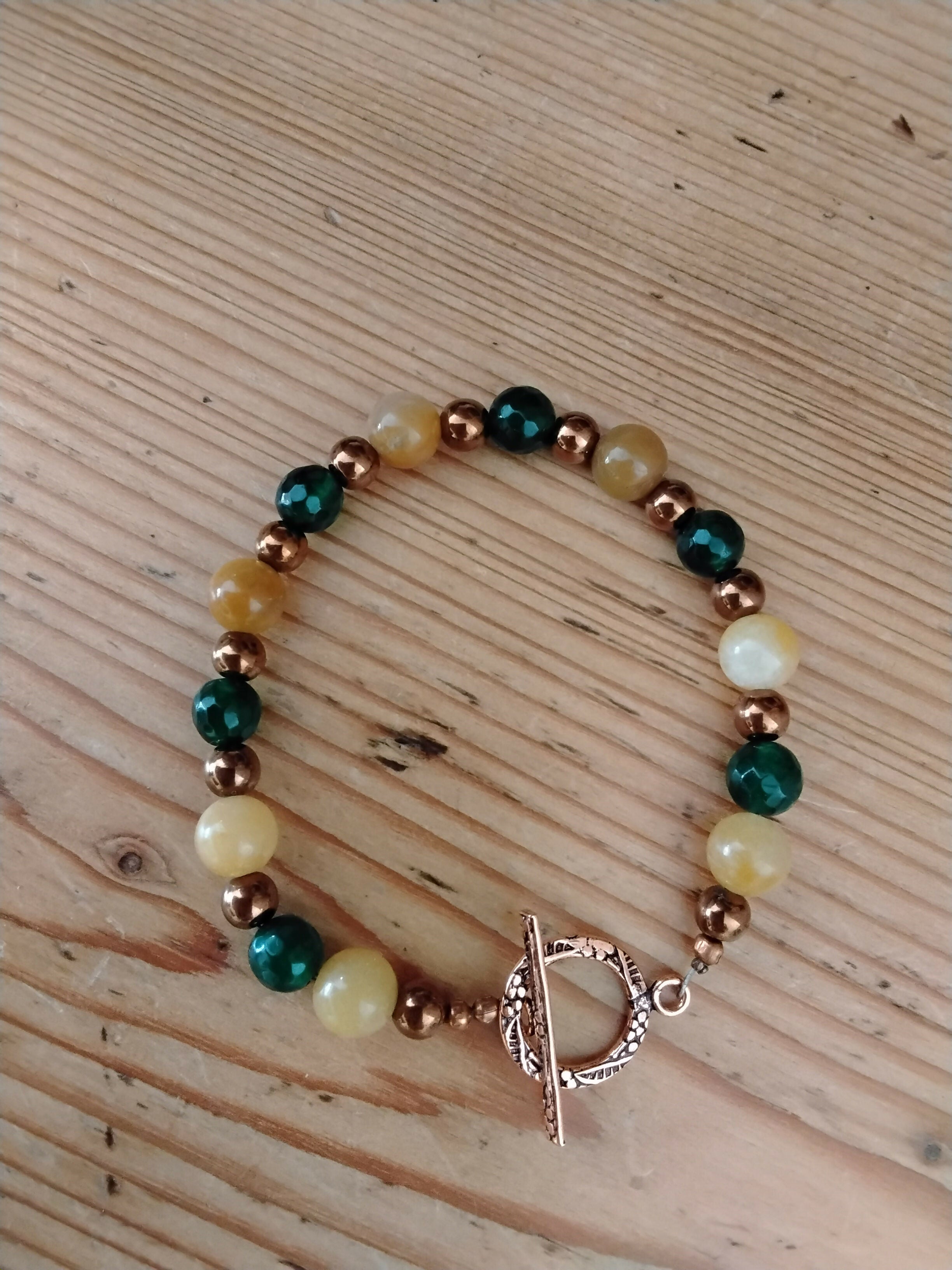 Pure Copper Toggle Catch Bracelet with Copper Hematite, Yellow Jade and Faceted Green Chalcedony