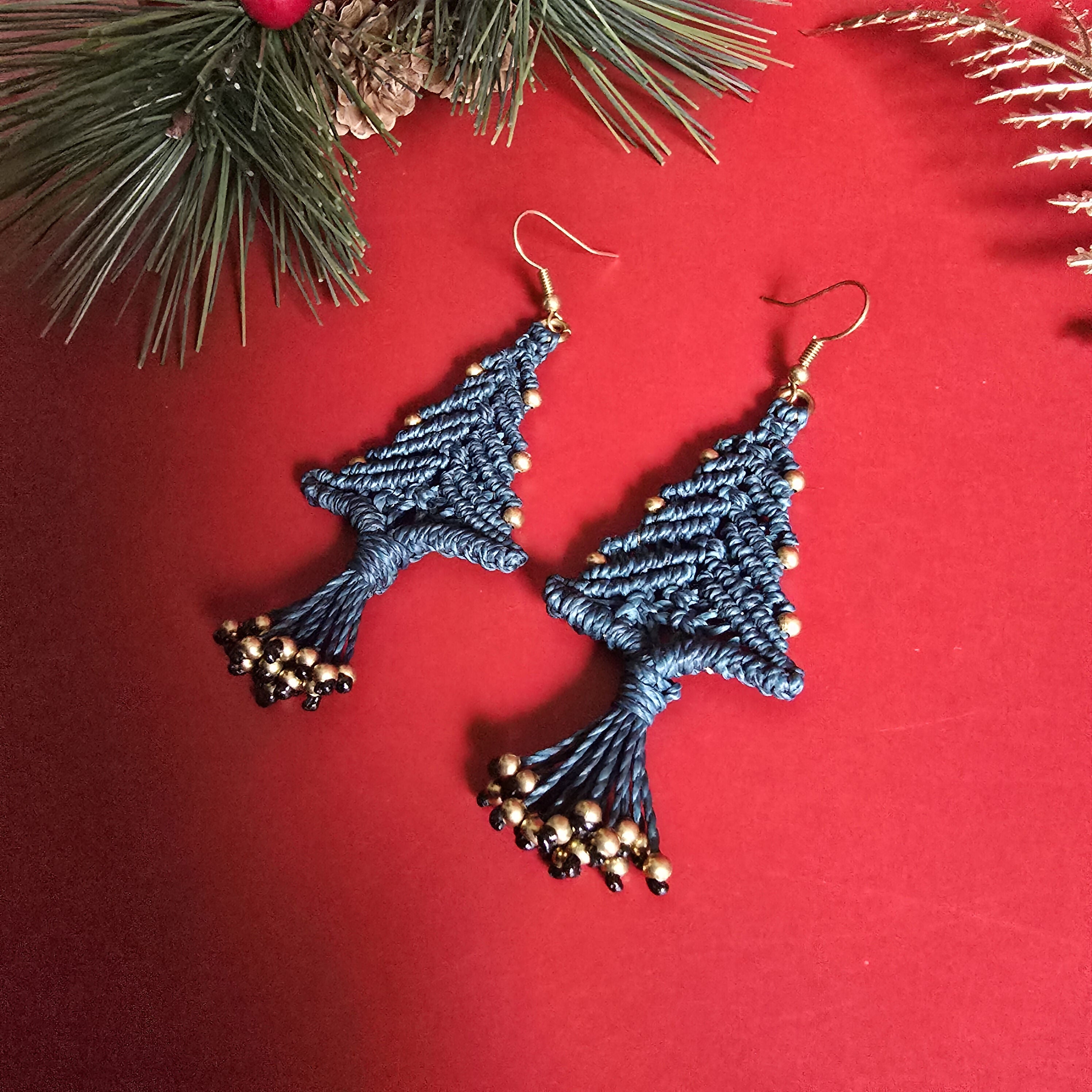 Christmas Tree Macrame Earrings; Forest Green Knotted Cord Lightweight Boho Festive Earrings