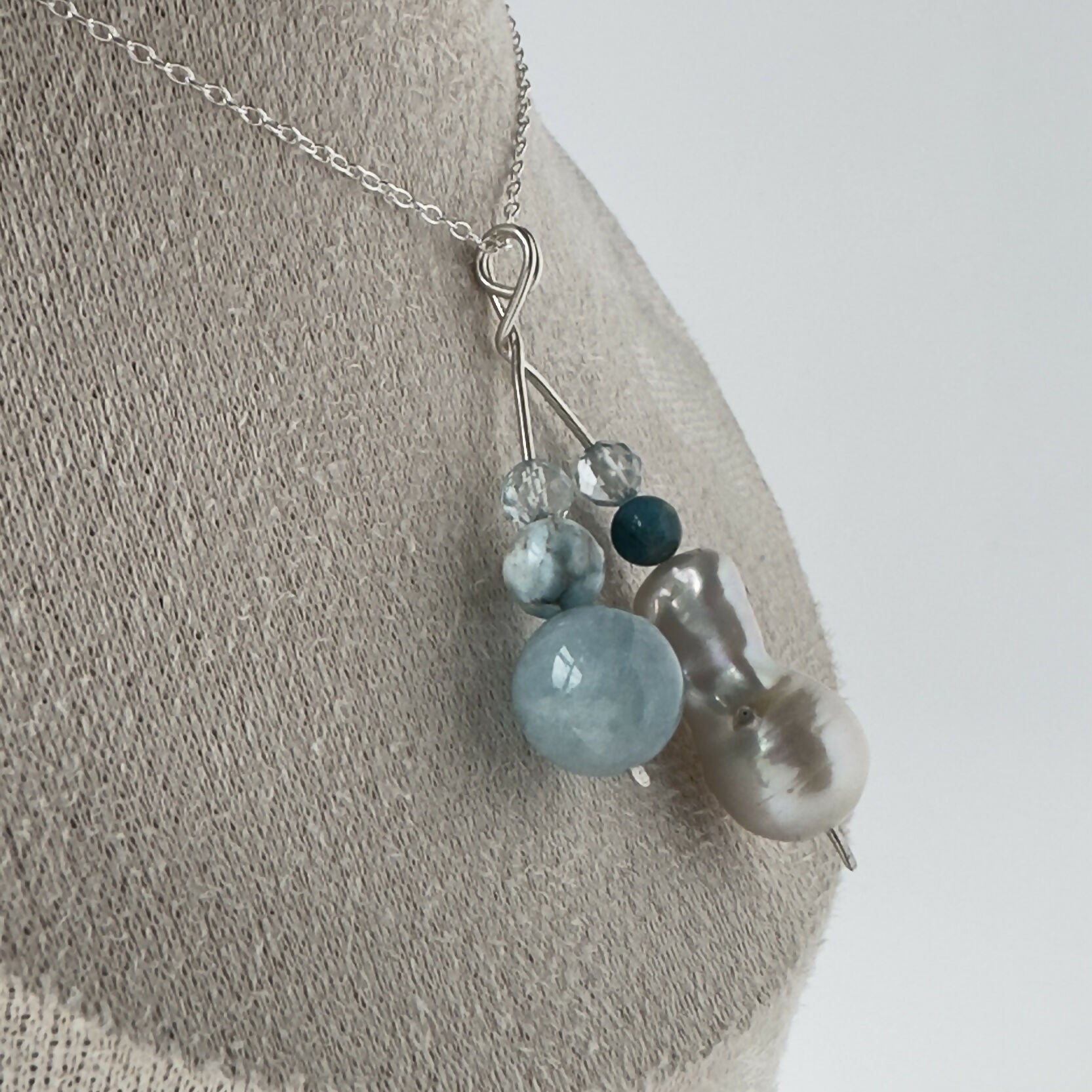 HEALING CRYSTAL & STERLING SILVER THROAT CHAKRA PENDANT WITH BAROQUE PEARL & 18” CHAIN