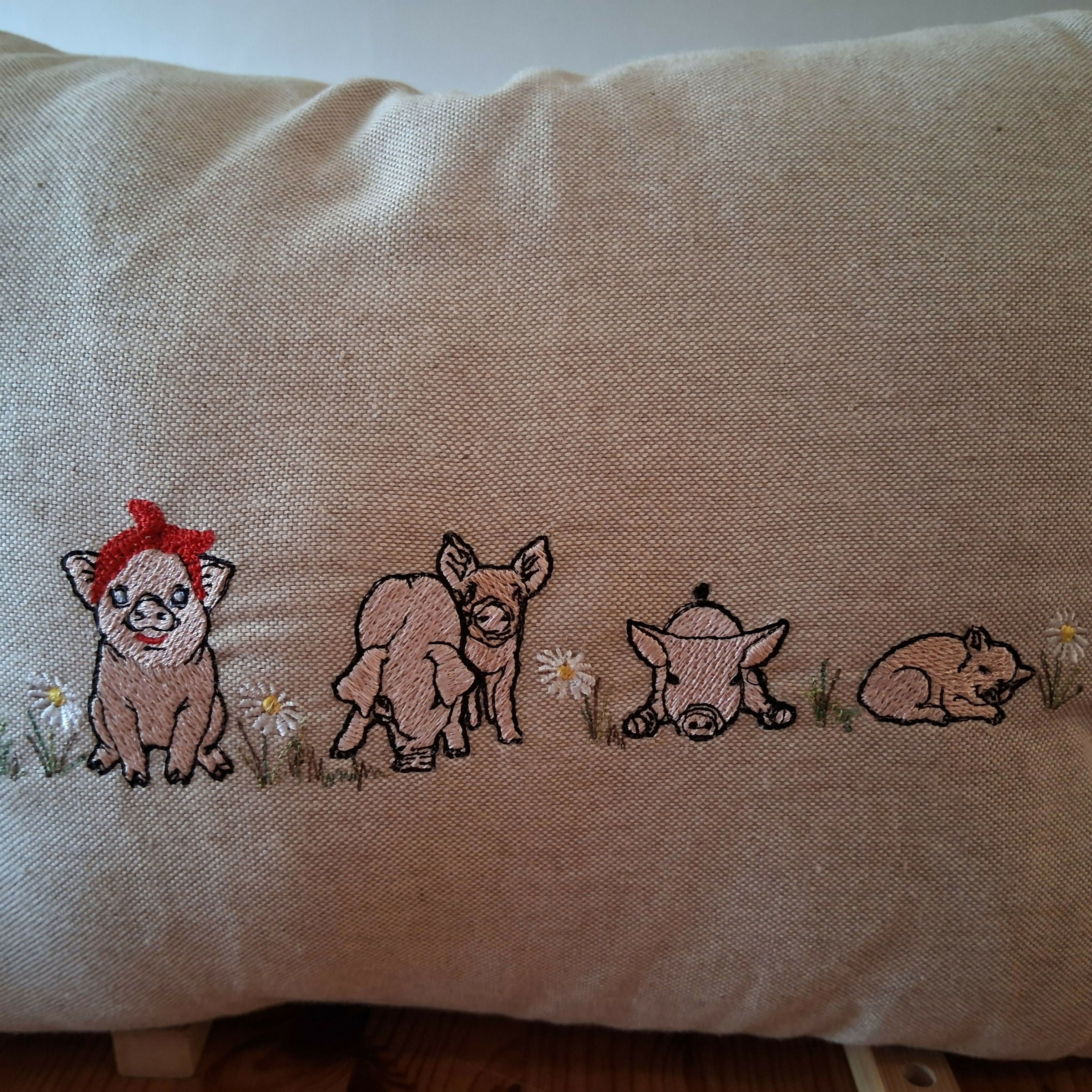 Fun Pigs Natural Linen Look Bolster Cushion - Handmade and Embroidered
